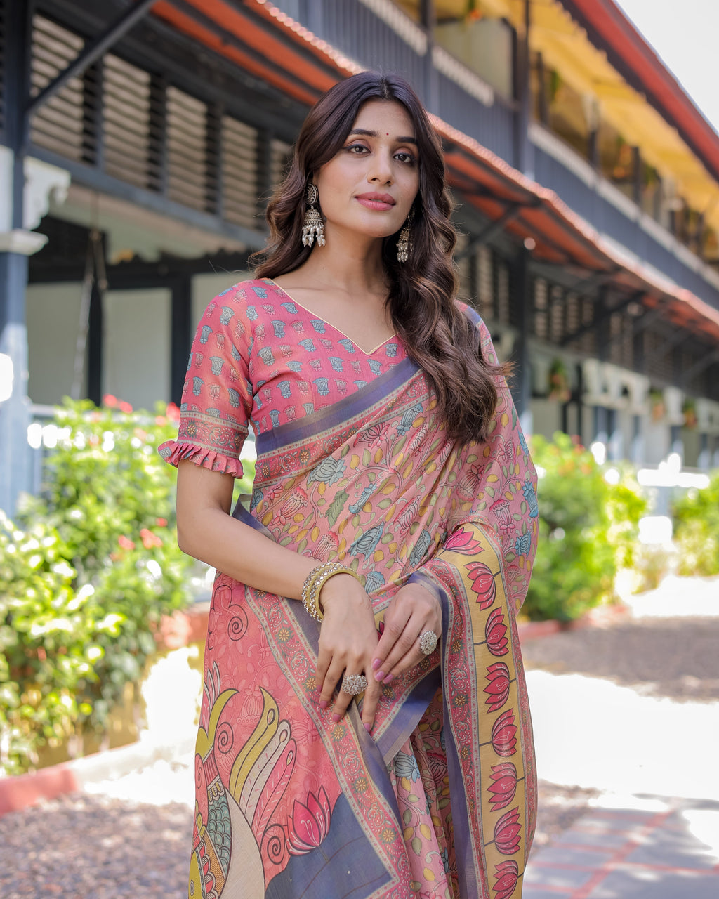 Peach Pink Handloom Cotton Saree with Lotus & Bird Motifs and Navy Border Pallu