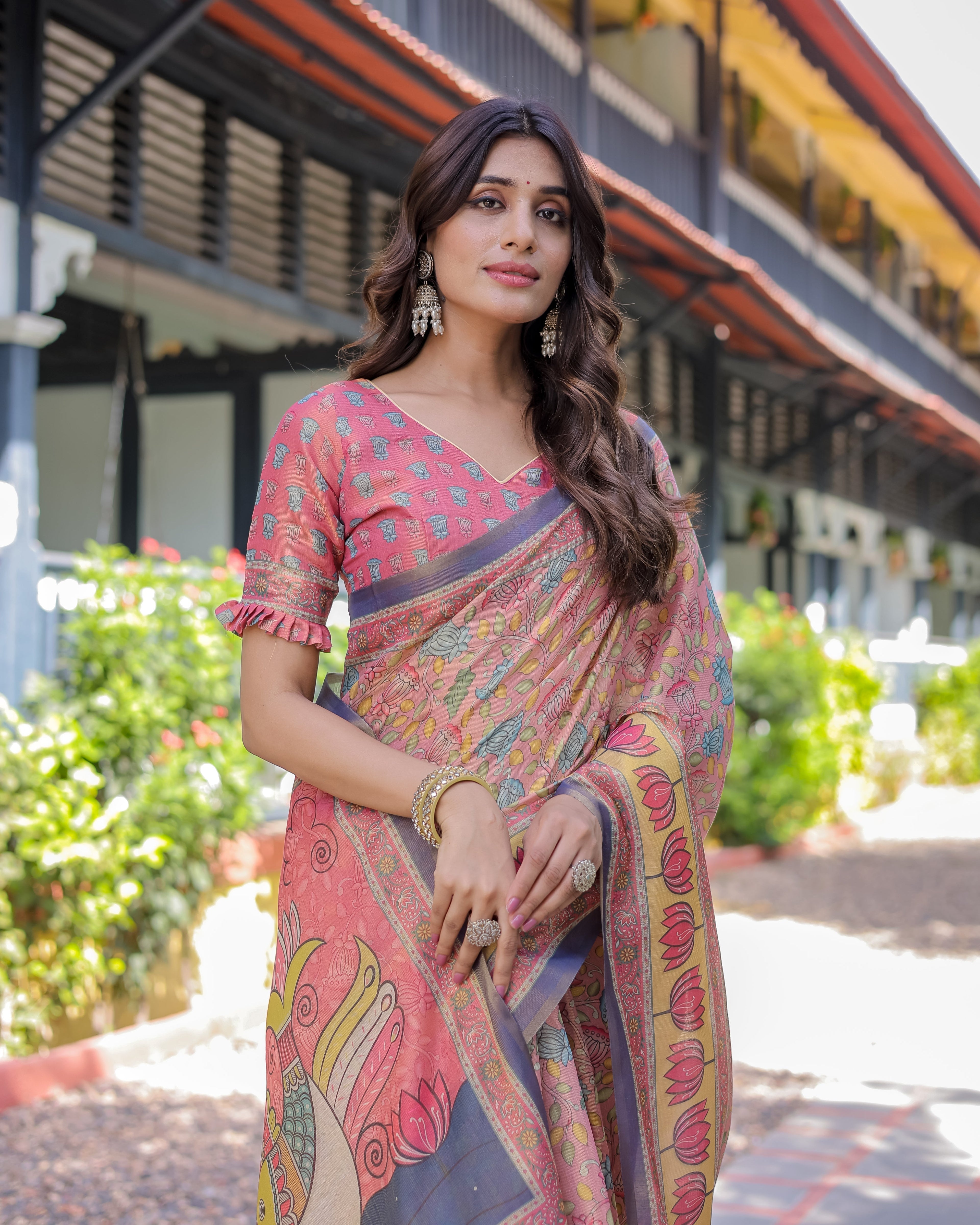 Peach Pink Handloom Cotton Saree with Lotus & Bird Motifs and Navy Border Pallu