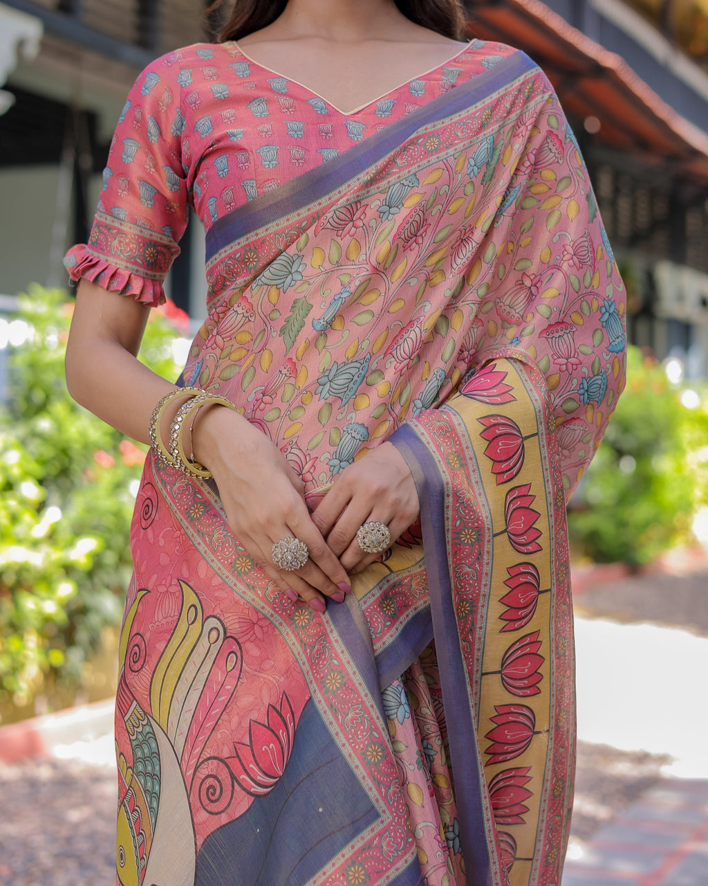 Peach Pink Handloom Cotton Saree with Lotus & Bird Motifs and Navy Border Pallu