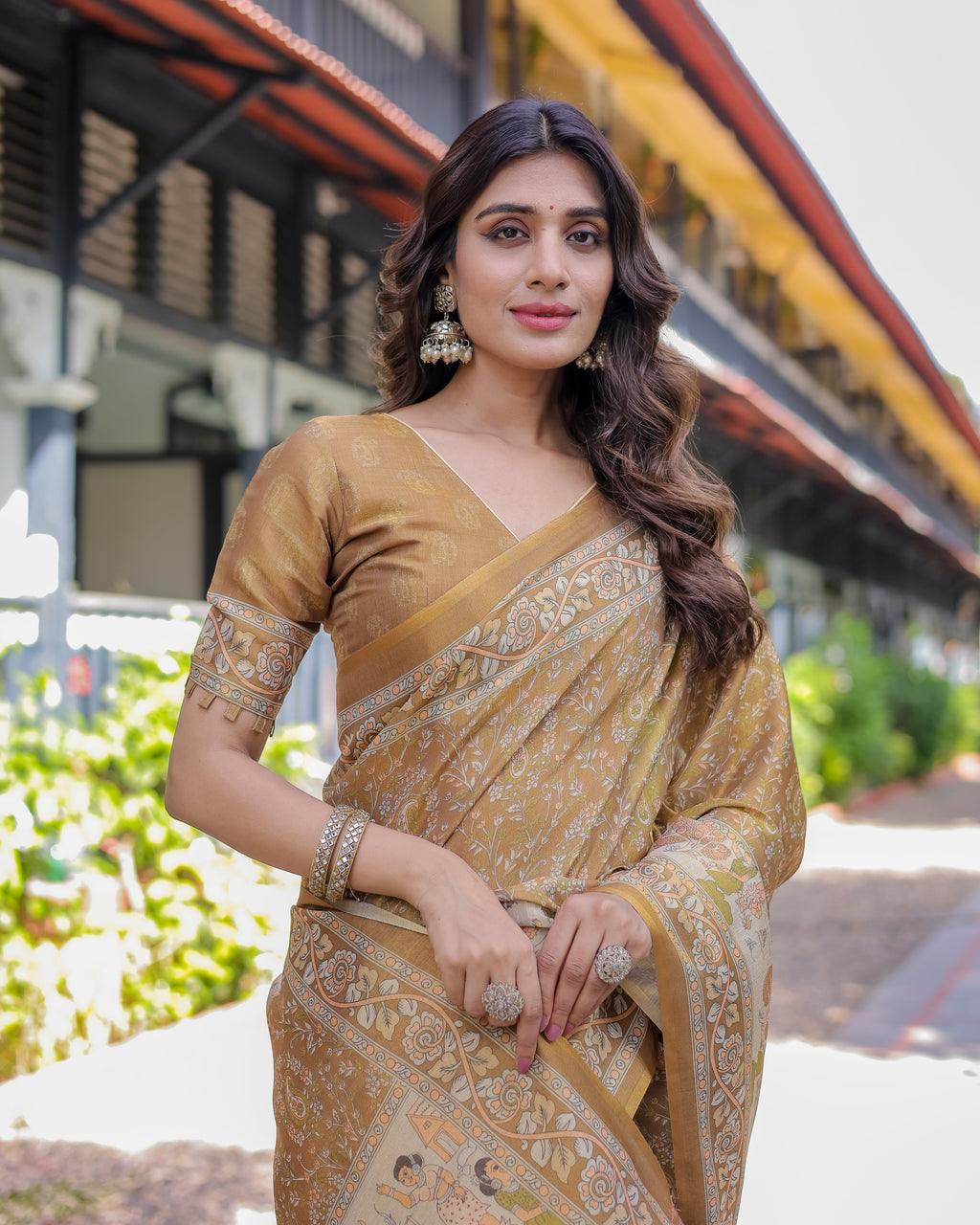 Mustard Brown Pure Handloom Cotton Saree with Village Life Digital Print & Contrast Pallu