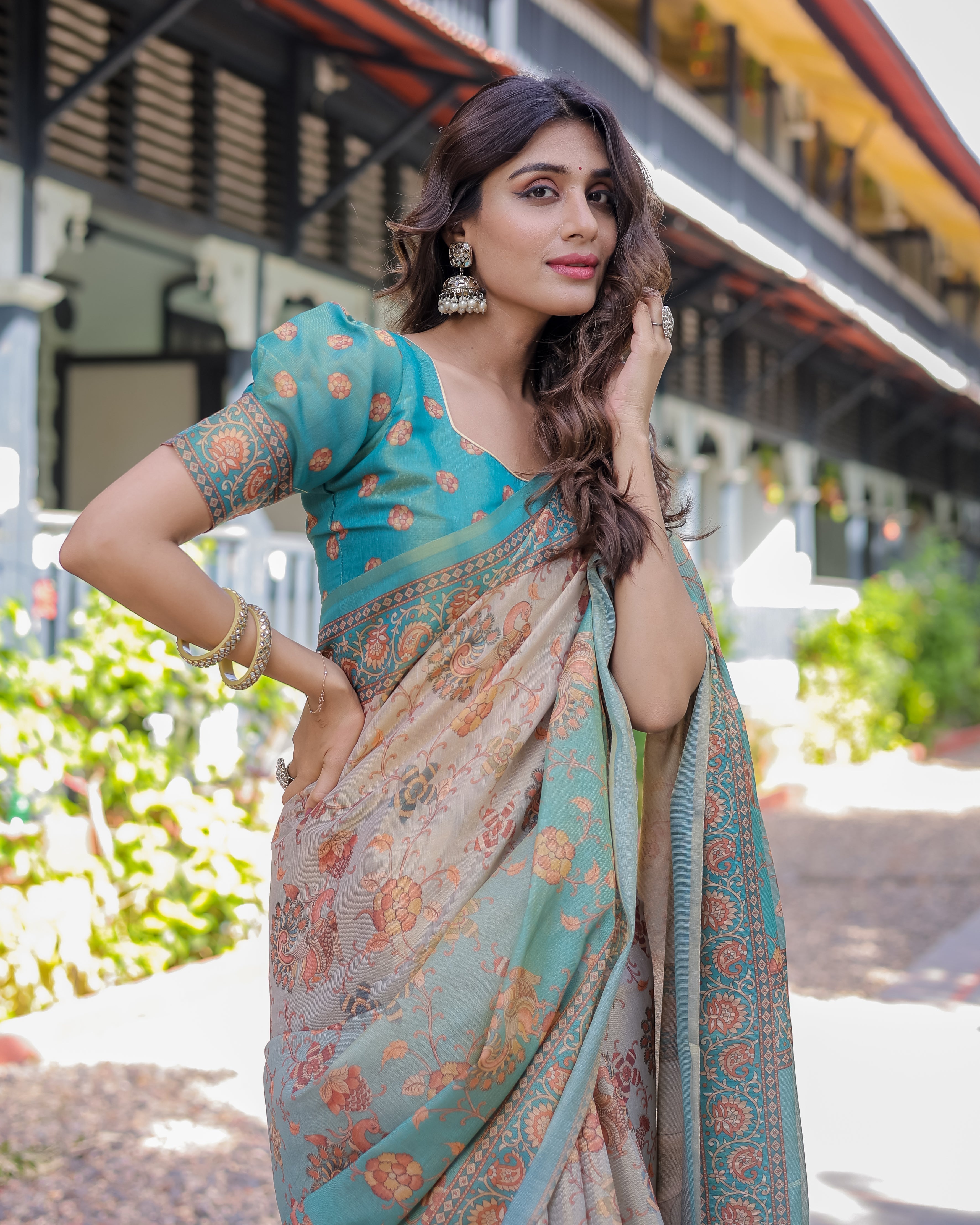 Teal Beige Handloom Cotton Saree with Swan Motif Pallu & Floral Digital Print