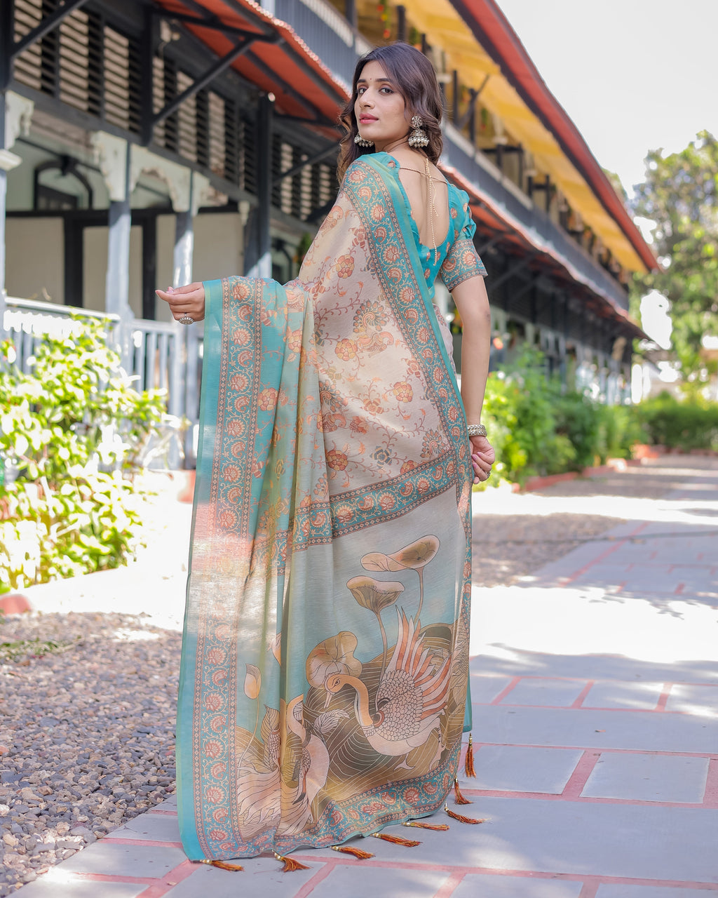 Teal Beige Handloom Cotton Saree with Swan Motif Pallu & Floral Digital Print