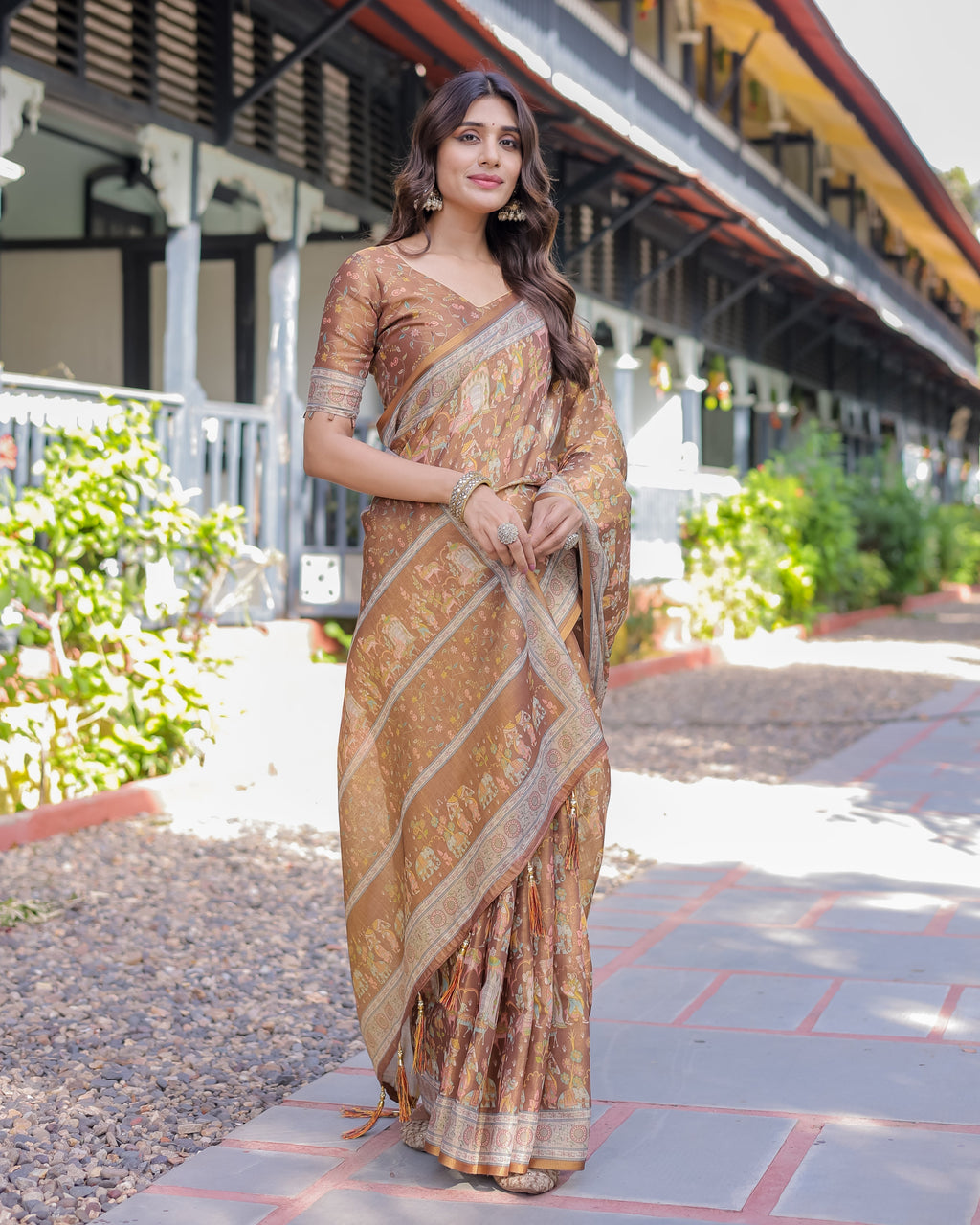 Royal Brown Procession Print Handloom Cotton Saree with Illustrated Pallu & Blouse