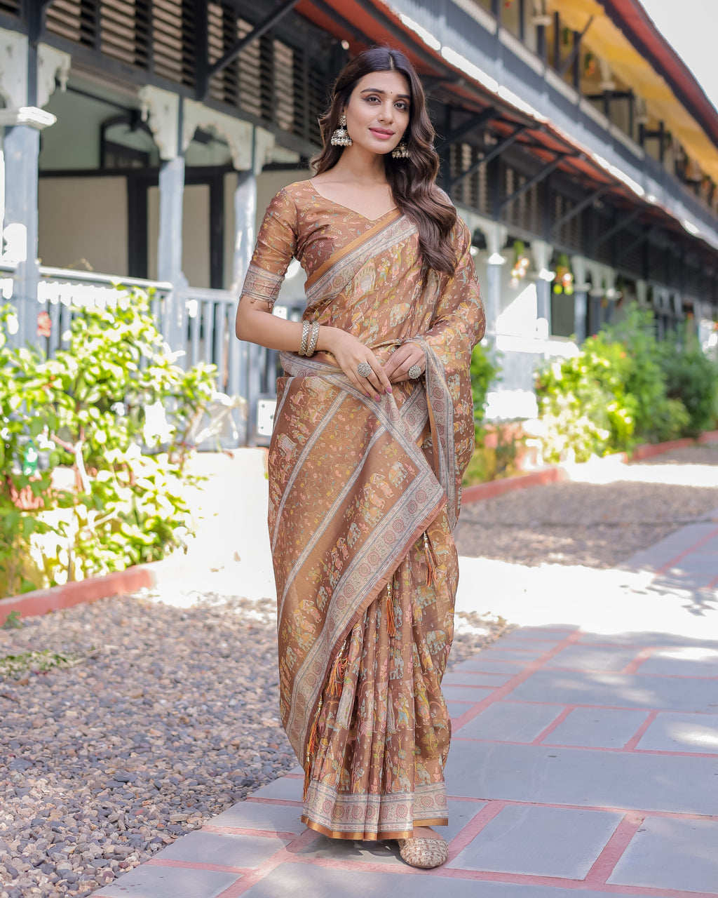 Royal Brown Procession Print Handloom Cotton Saree with Illustrated Pallu & Blouse