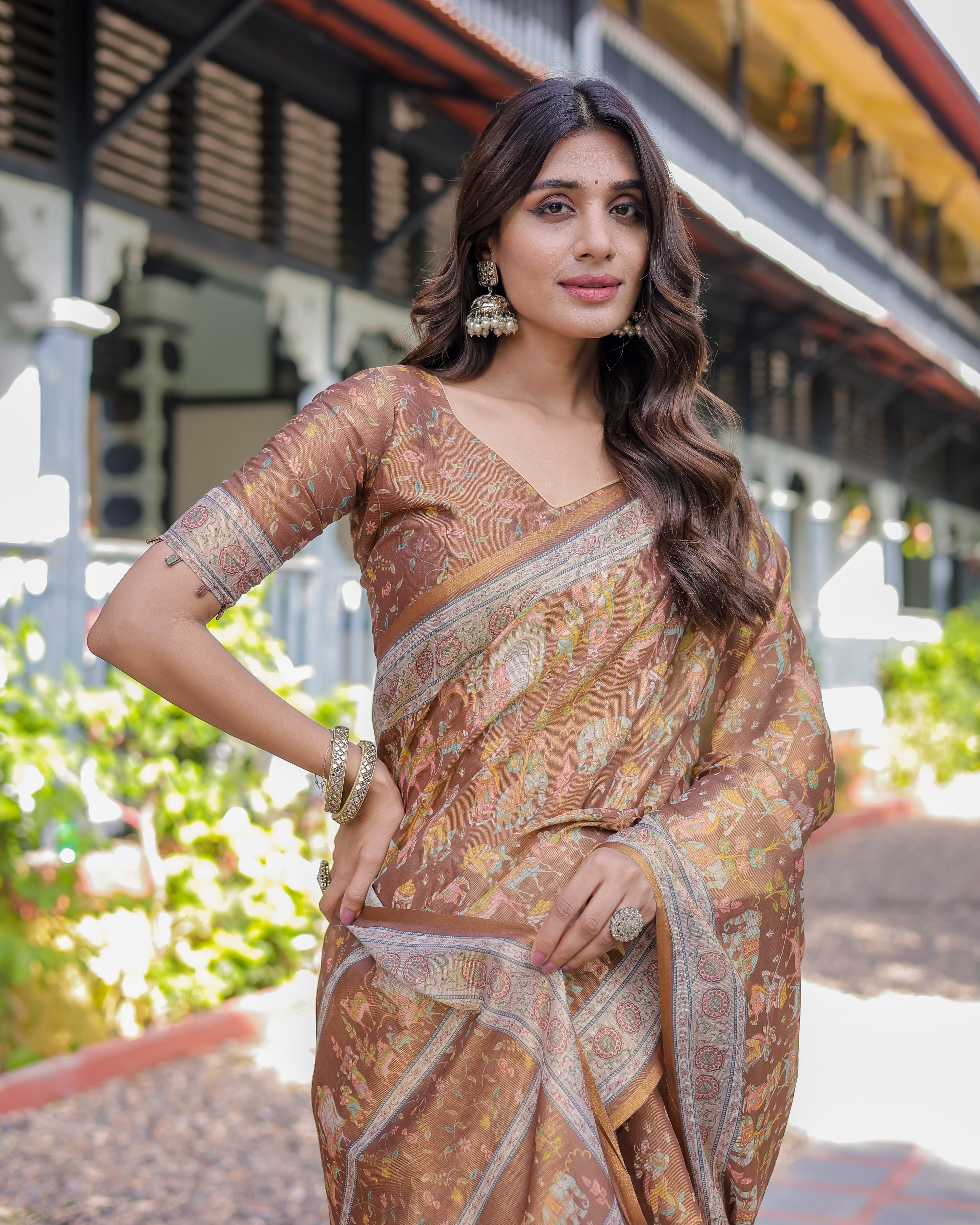 Royal Brown Procession Print Handloom Cotton Saree with Illustrated Pallu & Blouse