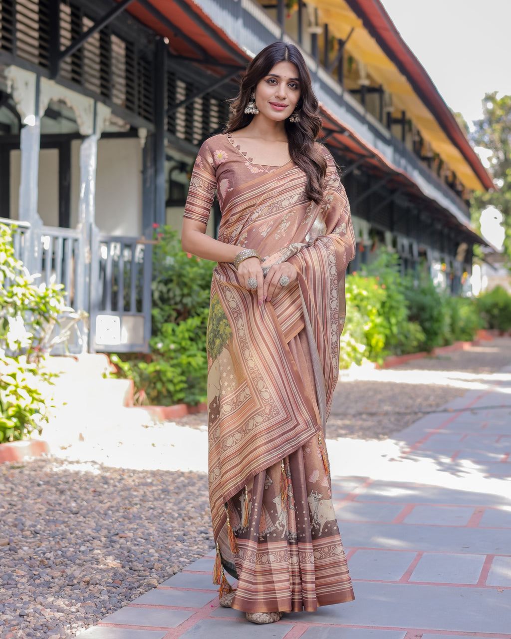 Divine Brown Handloom Cotton Saree with Radha Krishna & Cow Motif – Ethnic Village Charm