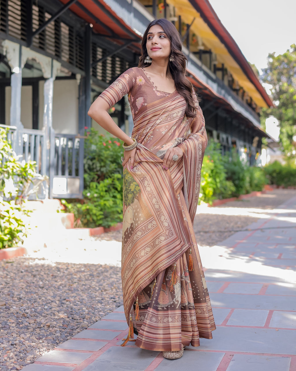 Divine Brown Handloom Cotton Saree with Radha Krishna & Cow Motif – Ethnic Village Charm