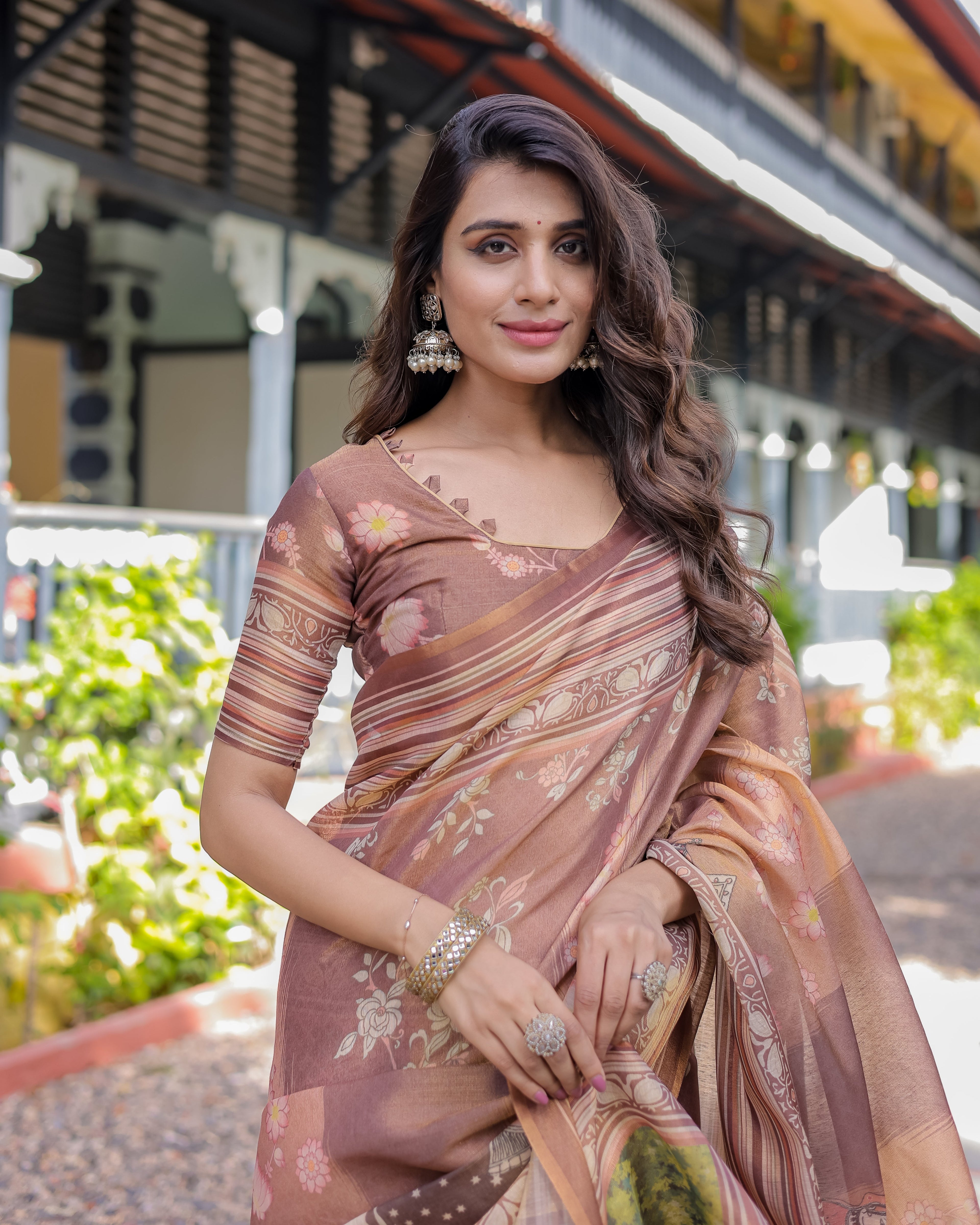 Divine Brown Handloom Cotton Saree with Radha Krishna & Cow Motif – Ethnic Village Charm