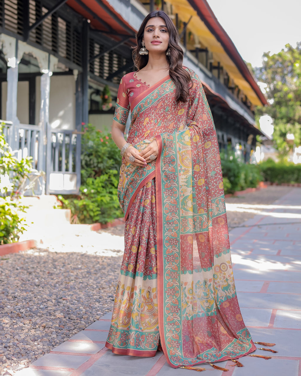 Rust Maroon Handloom Cotton Saree with Folk Procession Pallu & Floral Vine Print