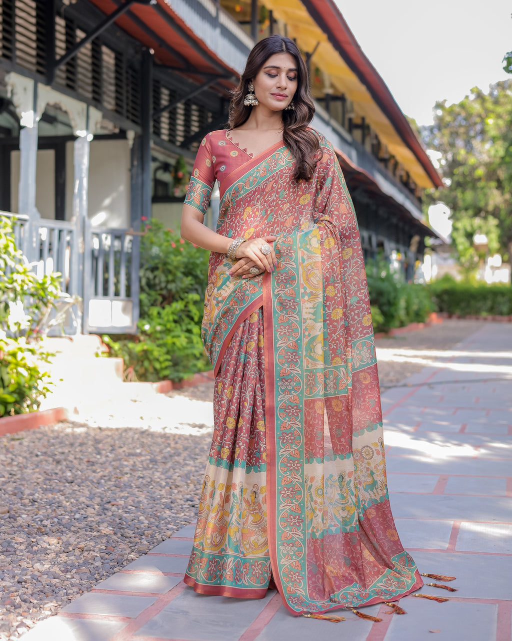 Rust Maroon Handloom Cotton Saree with Folk Procession Pallu & Floral Vine Print