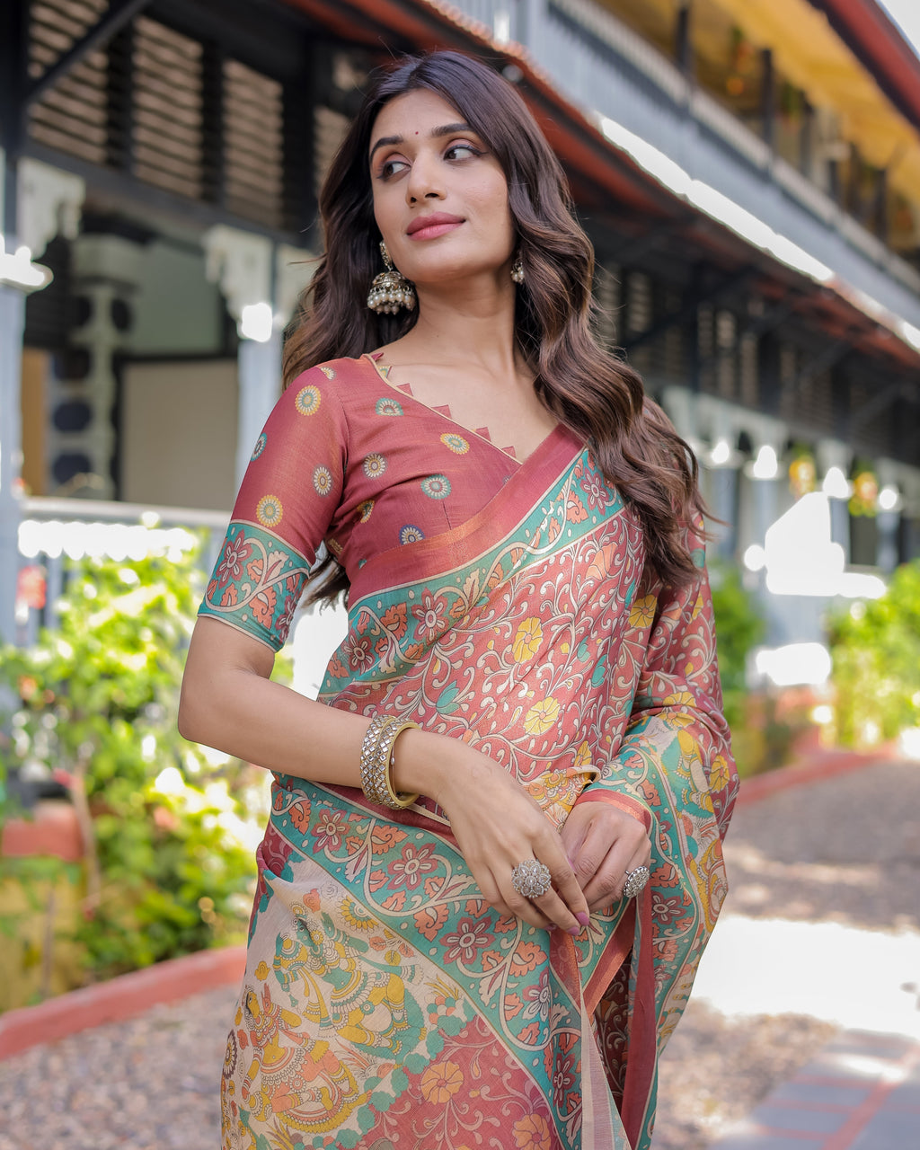 Rust Maroon Handloom Cotton Saree with Folk Procession Pallu & Floral Vine Print