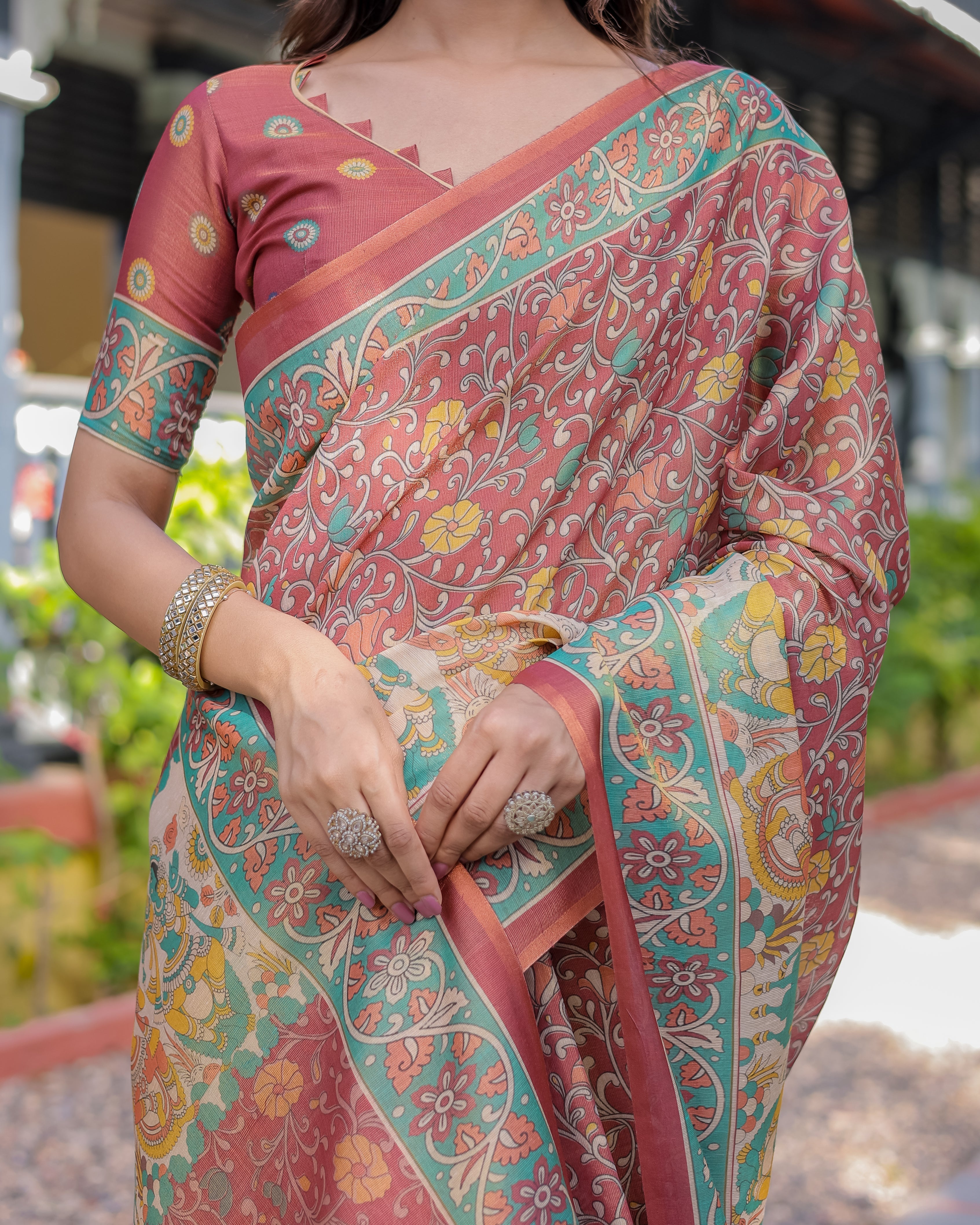 Rust Maroon Handloom Cotton Saree with Folk Procession Pallu & Floral Vine Print