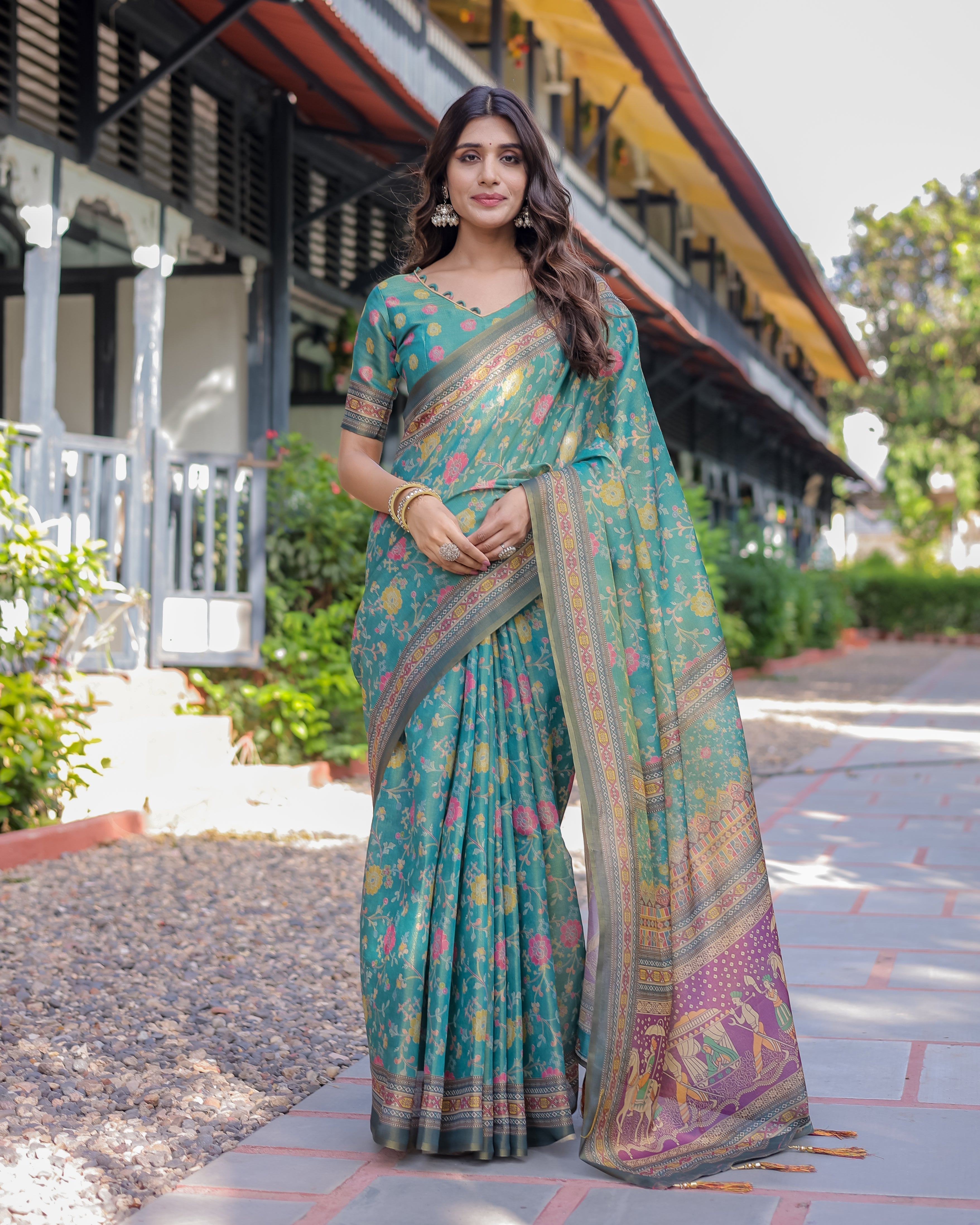 Sea Green Handloom Cotton Saree with Multicolor Floral & Royal Procession Pallu