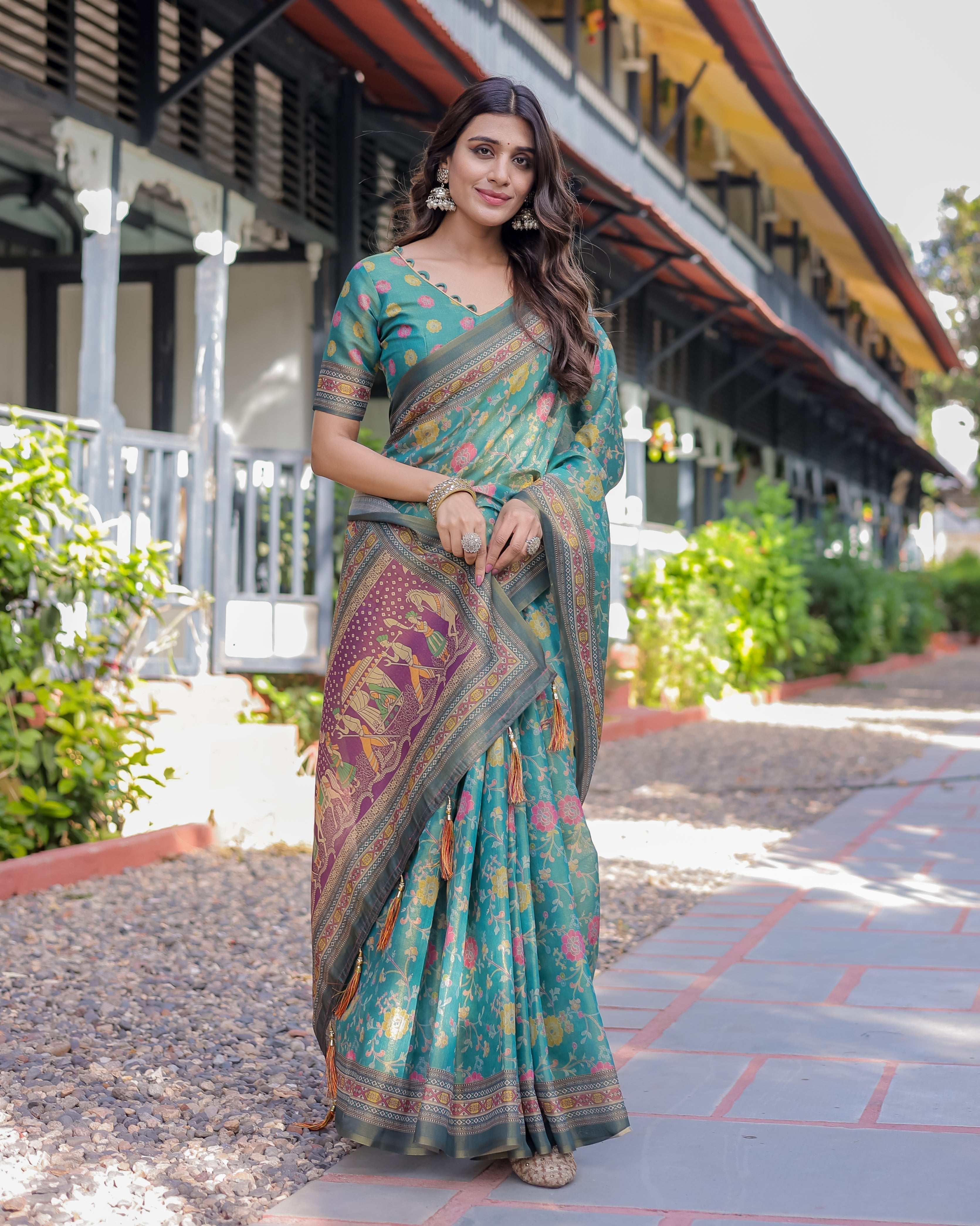 Sea Green Handloom Cotton Saree with Multicolor Floral & Royal Procession Pallu