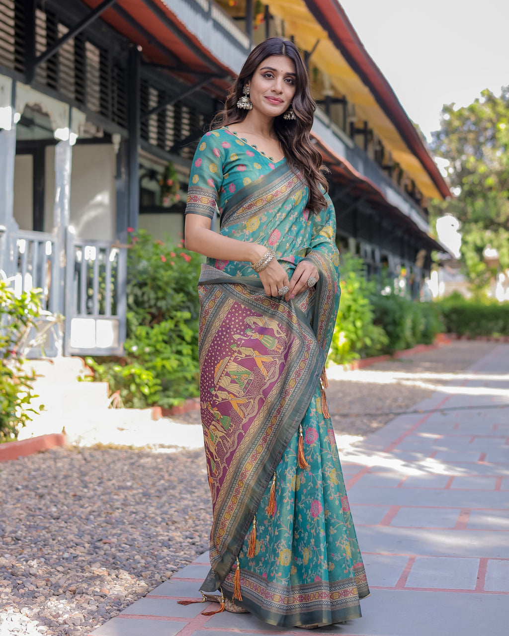 Sea Green Handloom Cotton Saree with Multicolor Floral & Royal Procession Pallu