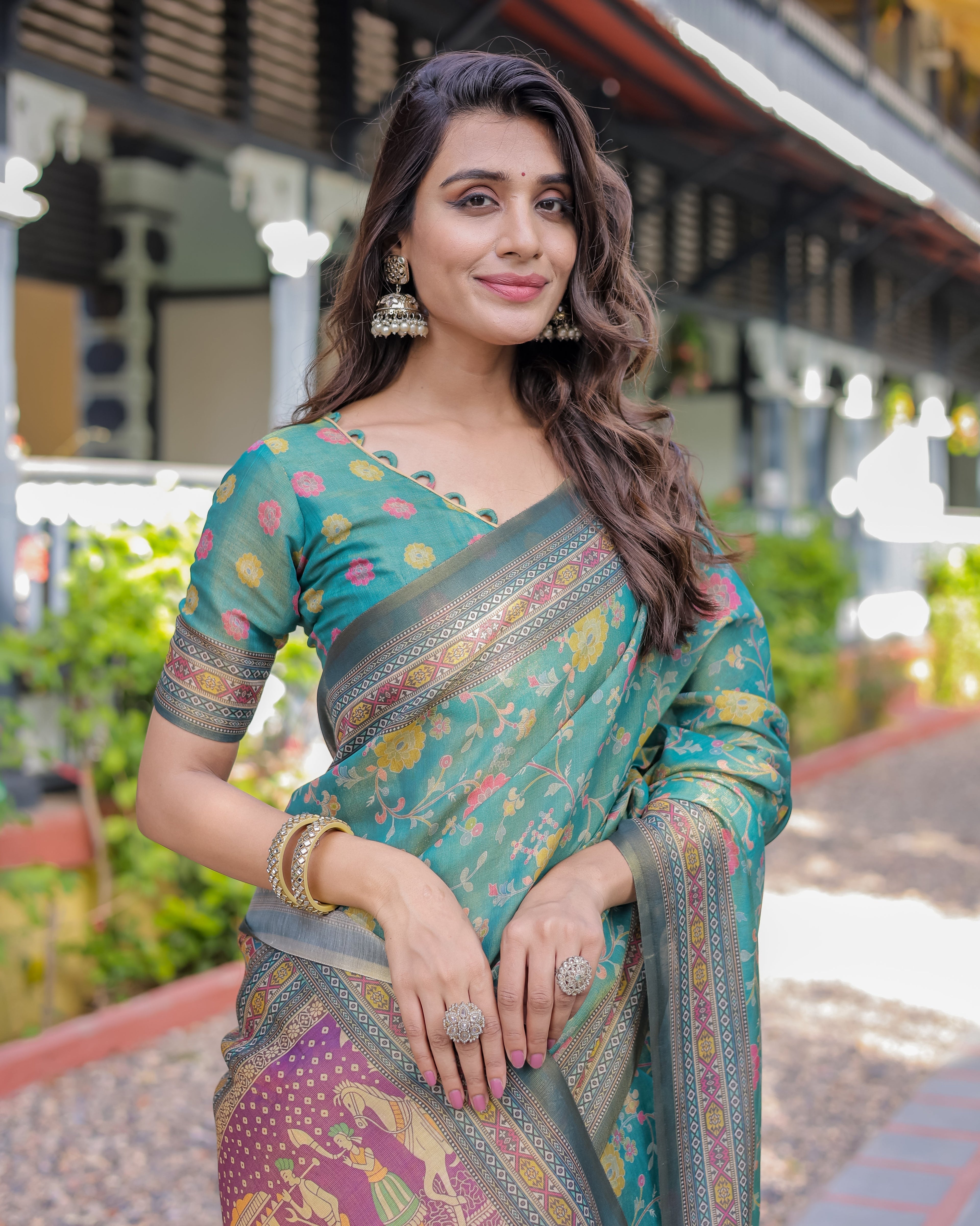 Sea Green Handloom Cotton Saree with Multicolor Floral & Royal Procession Pallu