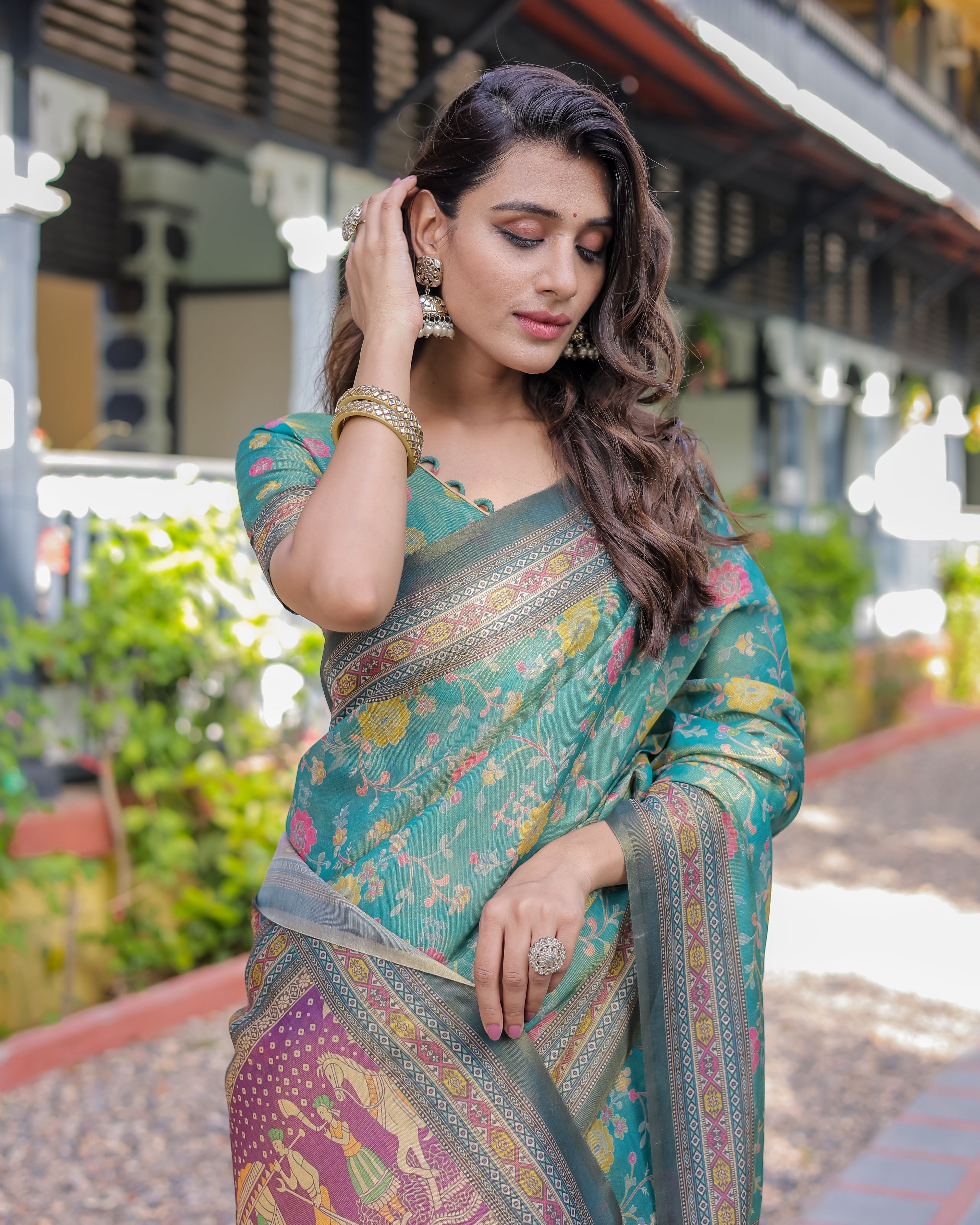 Sea Green Handloom Cotton Saree with Multicolor Floral & Royal Procession Pallu