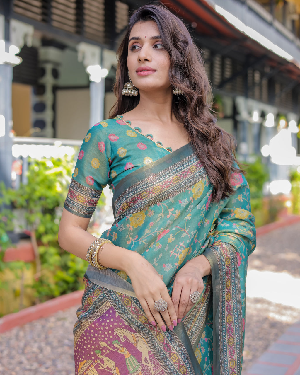 Sea Green Handloom Cotton Saree with Multicolor Floral & Royal Procession Pallu