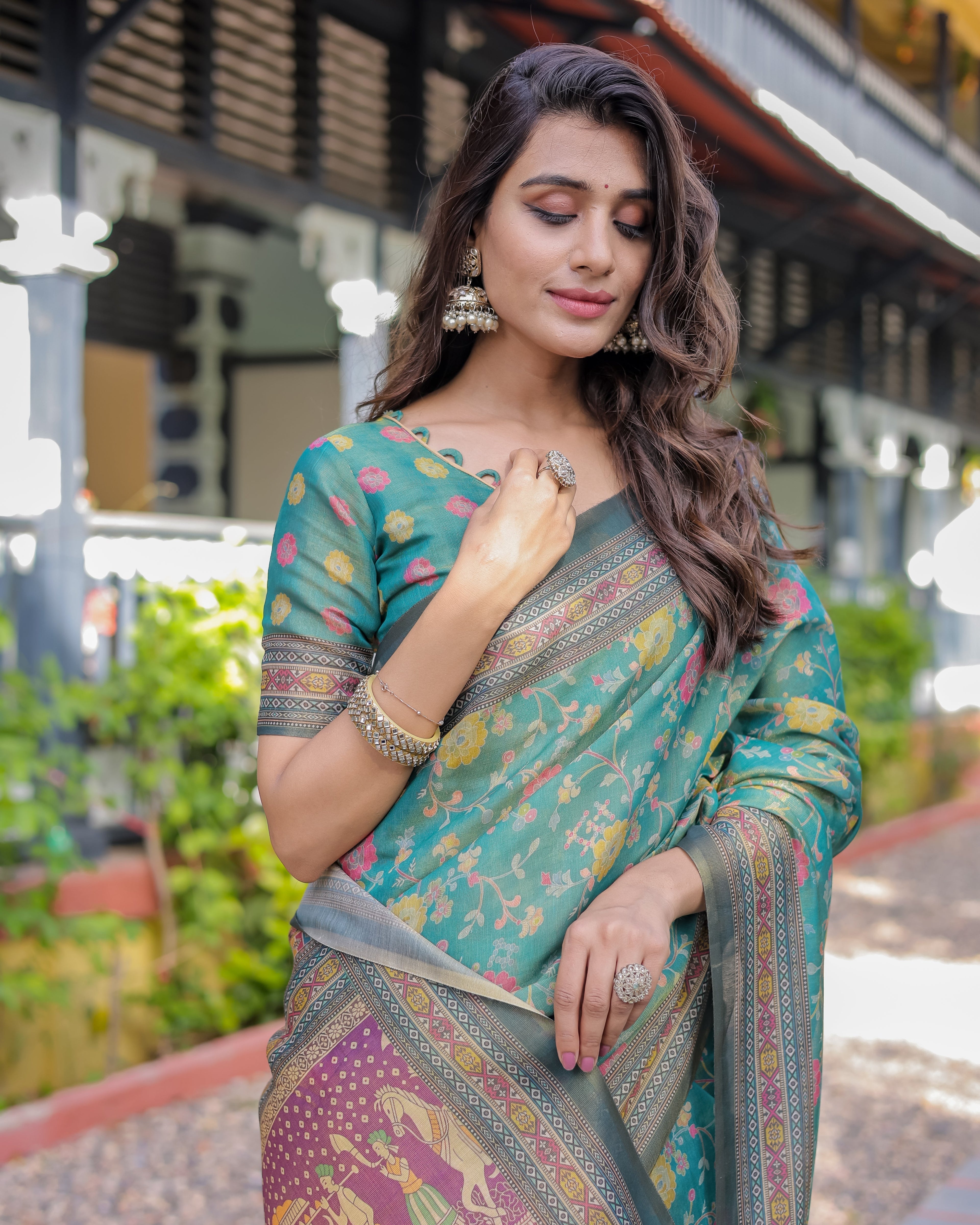 Sea Green Handloom Cotton Saree with Multicolor Floral & Royal Procession Pallu