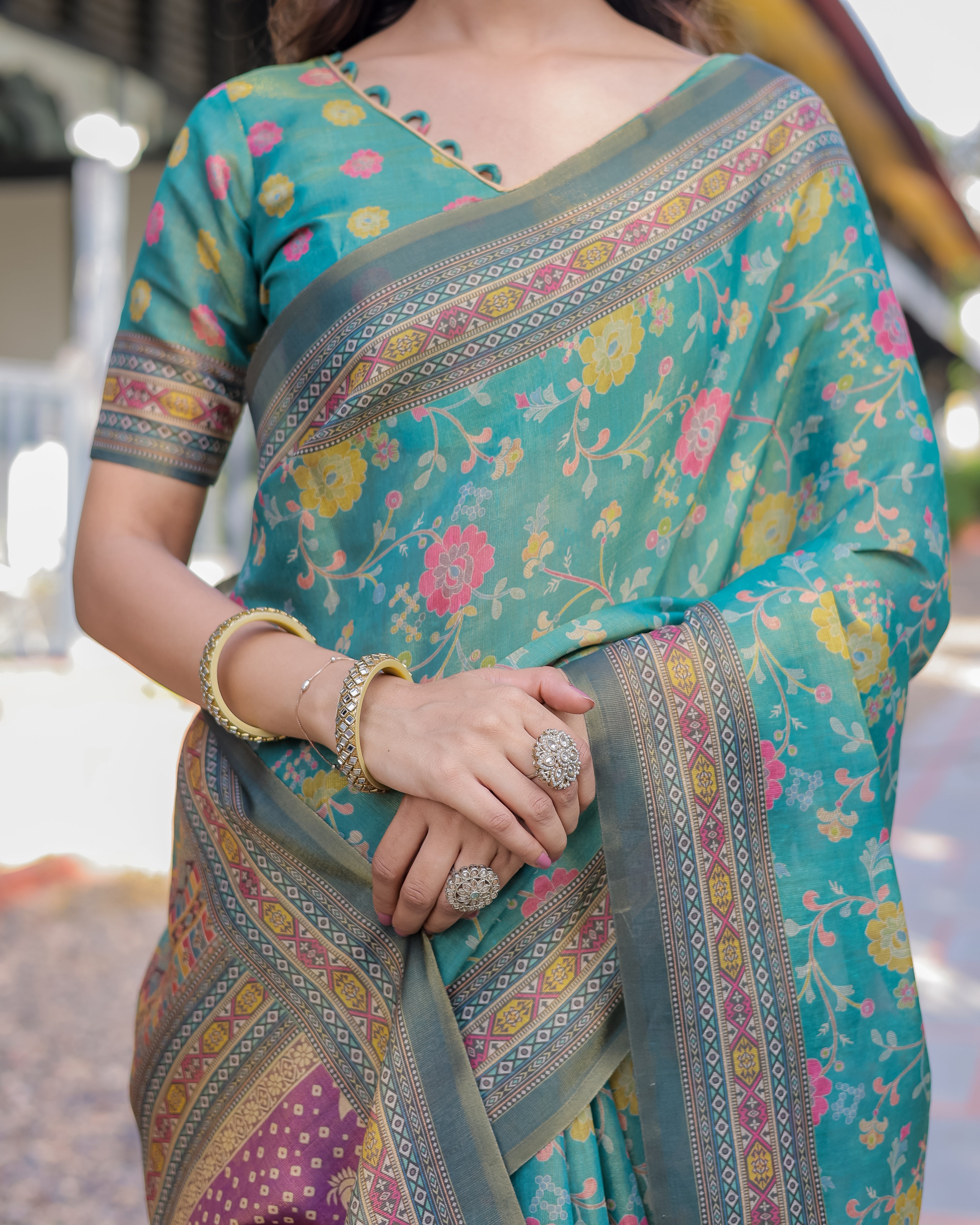 Sea Green Handloom Cotton Saree with Multicolor Floral & Royal Procession Pallu