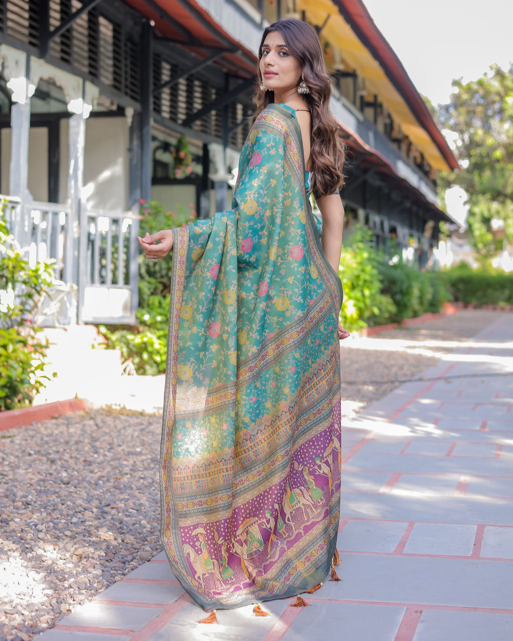 Sea Green Handloom Cotton Saree with Multicolor Floral & Royal Procession Pallu