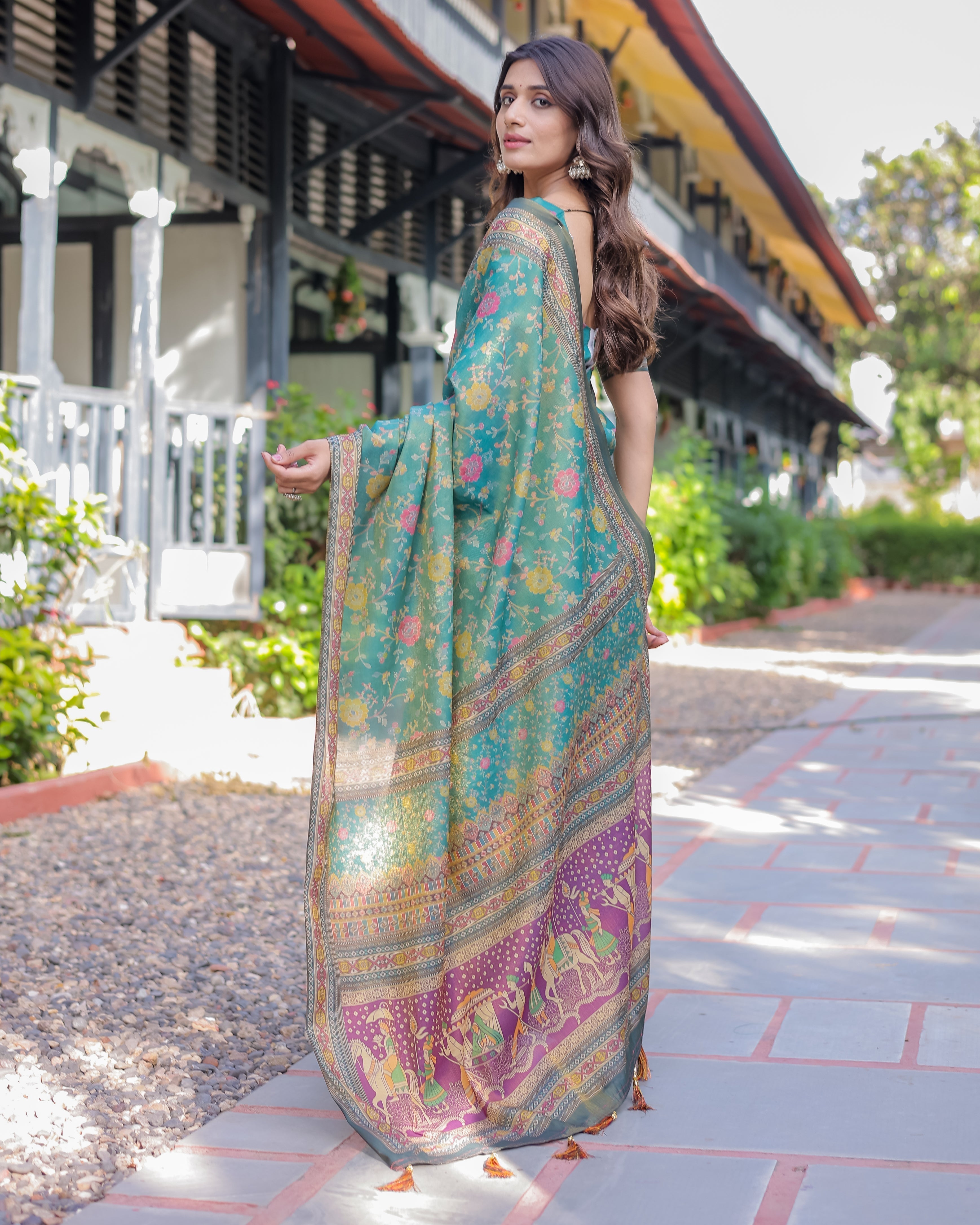 Sea Green Handloom Cotton Saree with Multicolor Floral & Royal Procession Pallu