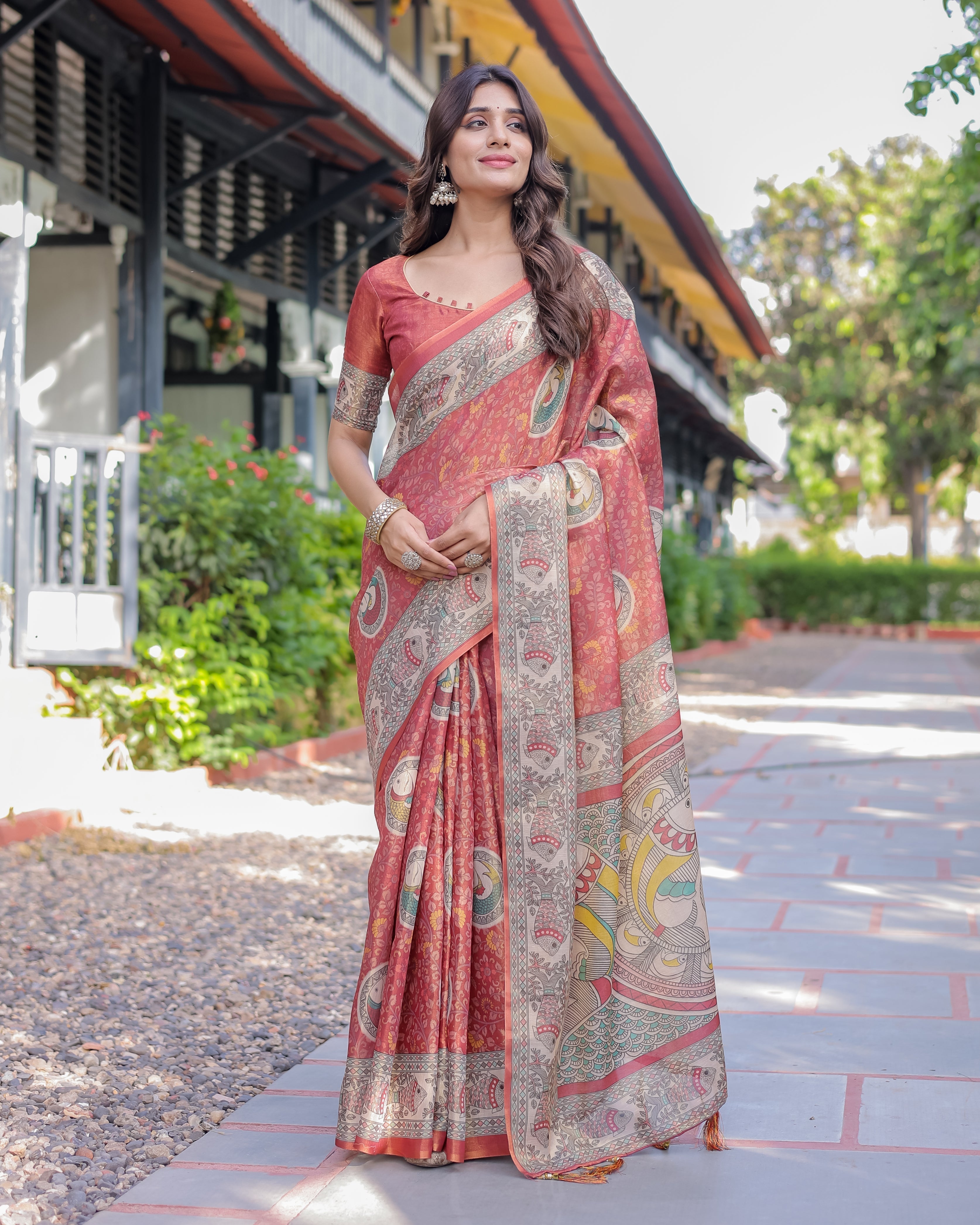 Rust Red Madhubani Fish Art Pure Handloom Cotton Saree with Contrast Blouse & Tassels