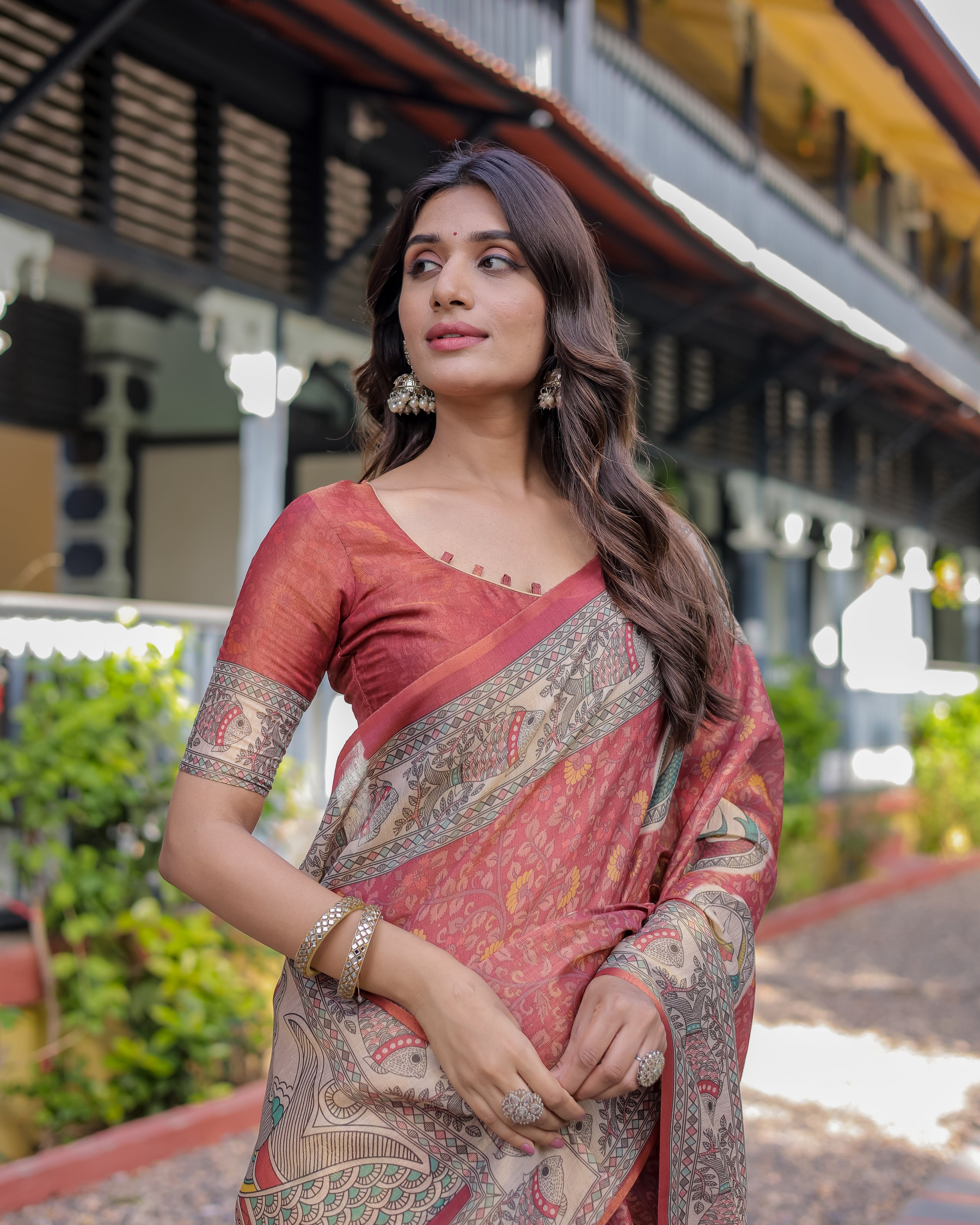 Rust Red Madhubani Fish Art Pure Handloom Cotton Saree with Contrast Blouse & Tassels