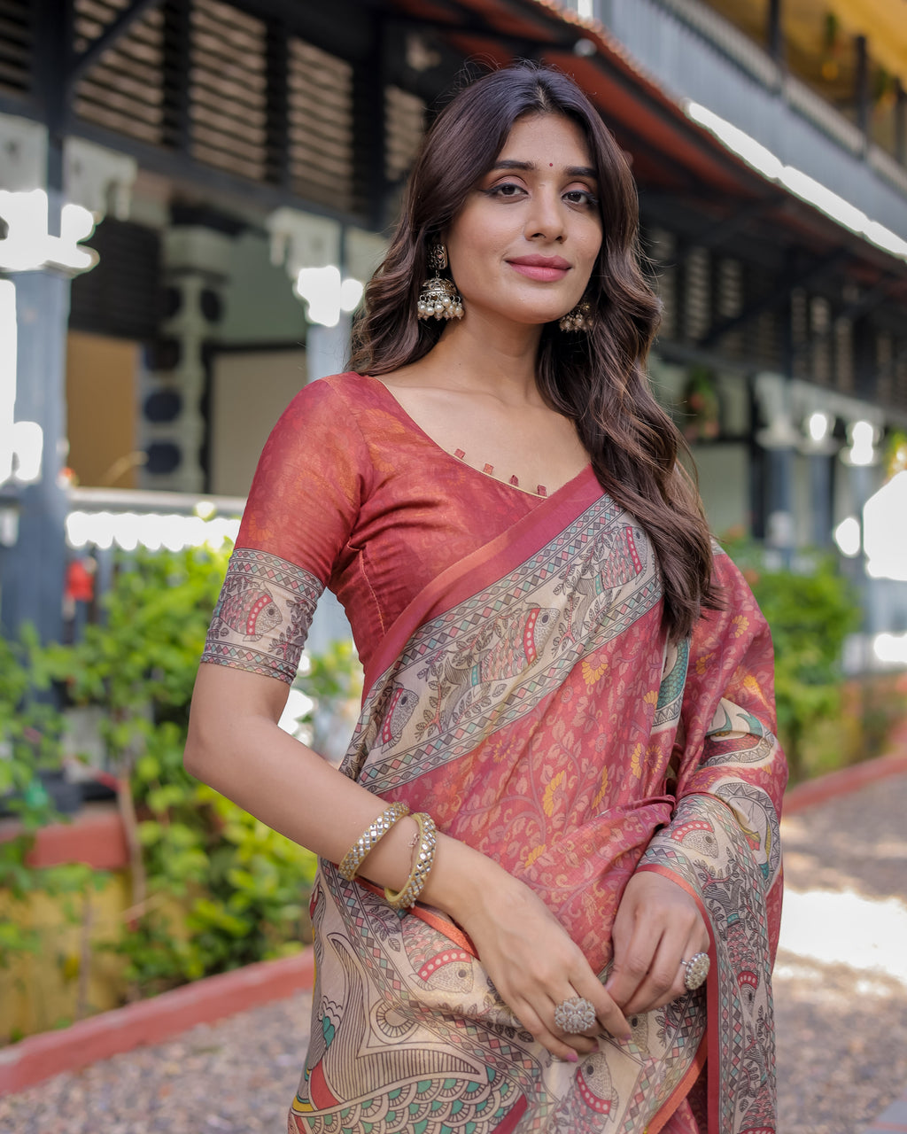 Rust Red Madhubani Fish Art Pure Handloom Cotton Saree with Contrast Blouse & Tassels