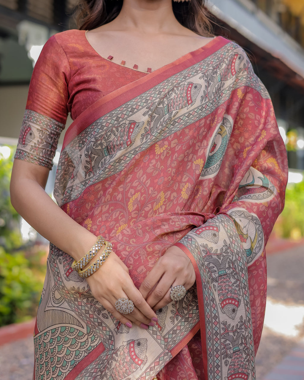 Rust Red Madhubani Fish Art Pure Handloom Cotton Saree with Contrast Blouse & Tassels