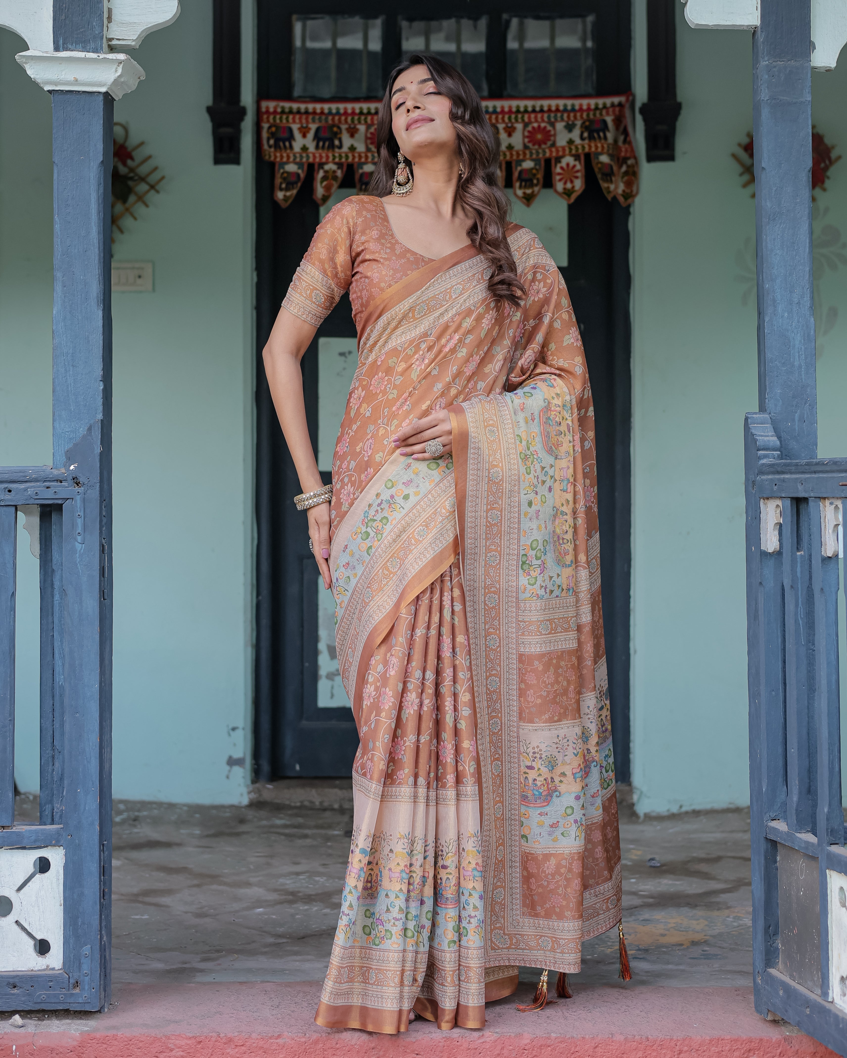 Burnt Peach Handloom Cotton Saree with Floral Buta Design & Village Scene Pallu