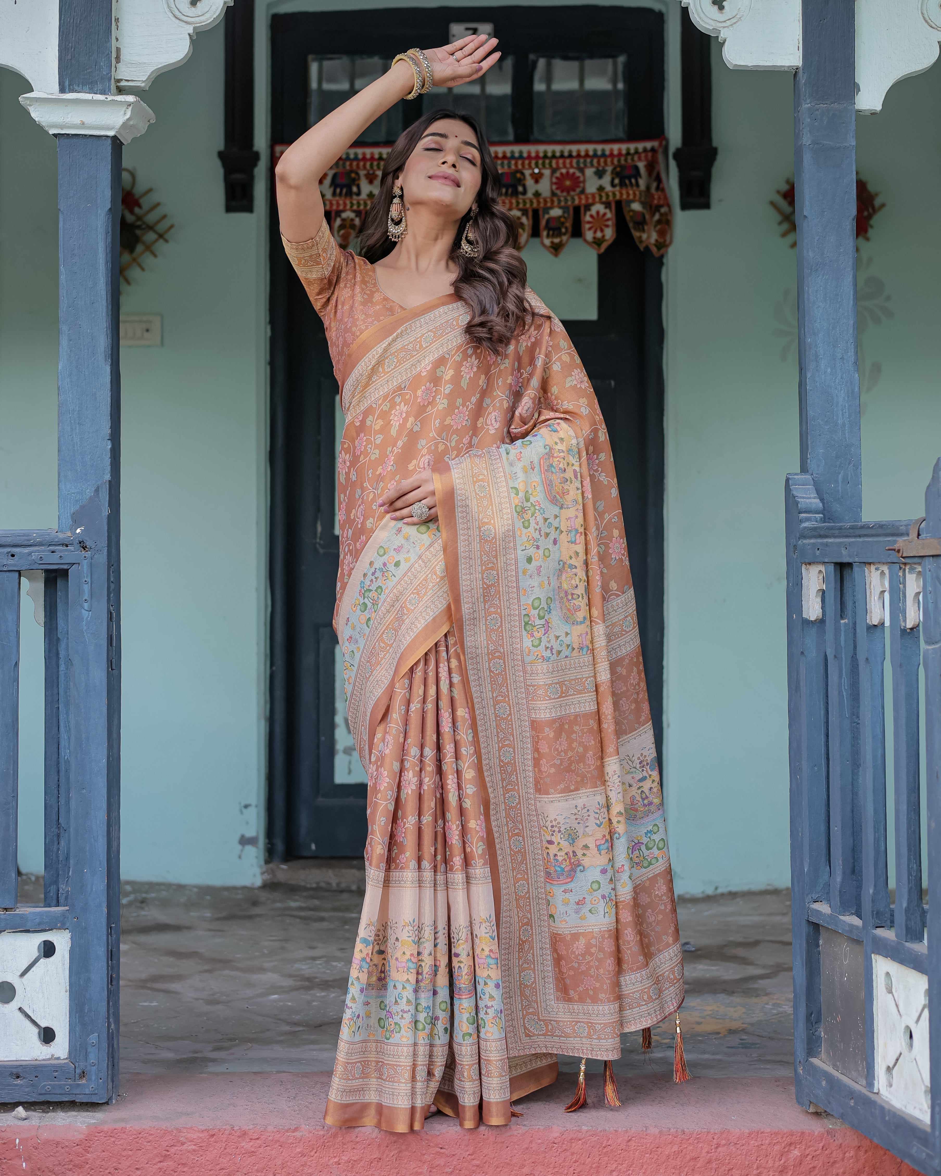 Burnt Peach Handloom Cotton Saree with Floral Buta Design & Village Scene Pallu