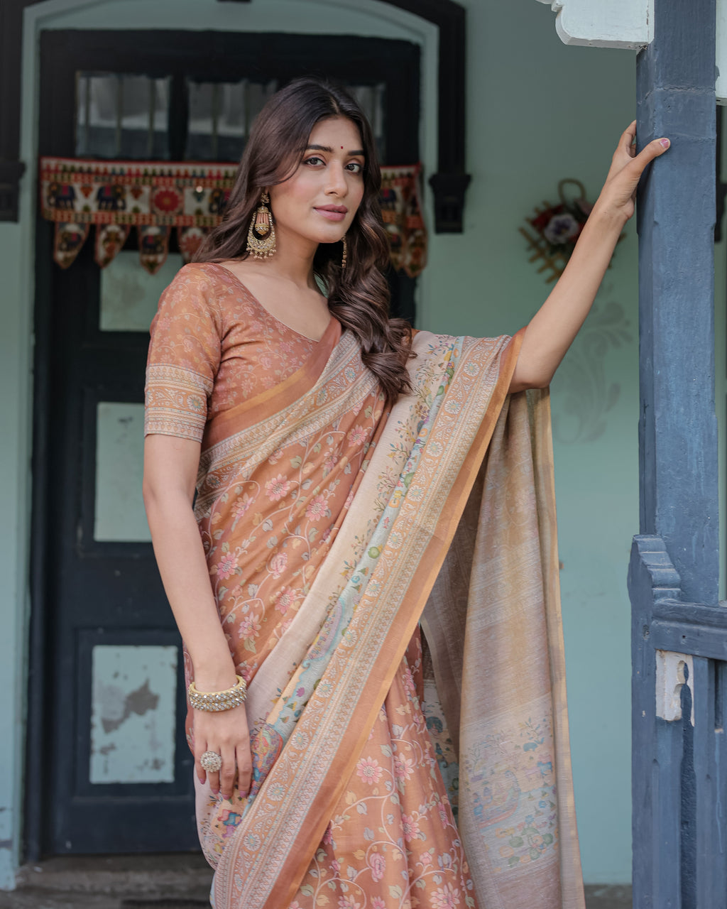 Burnt Peach Handloom Cotton Saree with Floral Buta Design & Village Scene Pallu