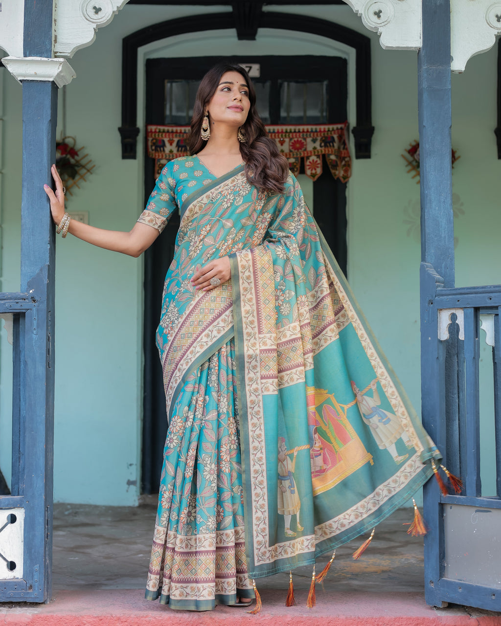 Teal Green Handloom Cotton Saree with Floral Print & Royal Bridal Procession Pallu