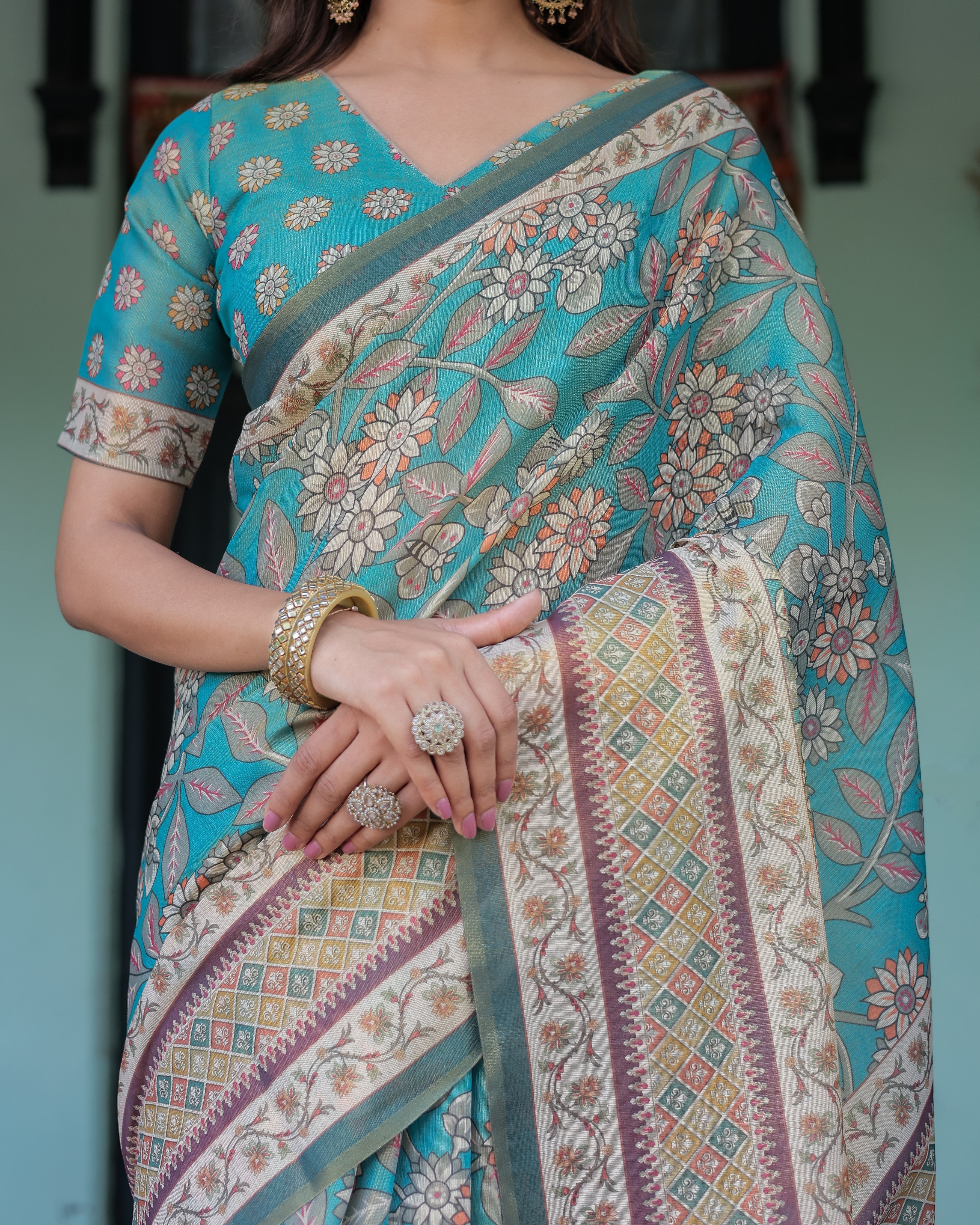 Teal Green Handloom Cotton Saree with Floral Print & Royal Bridal Procession Pallu