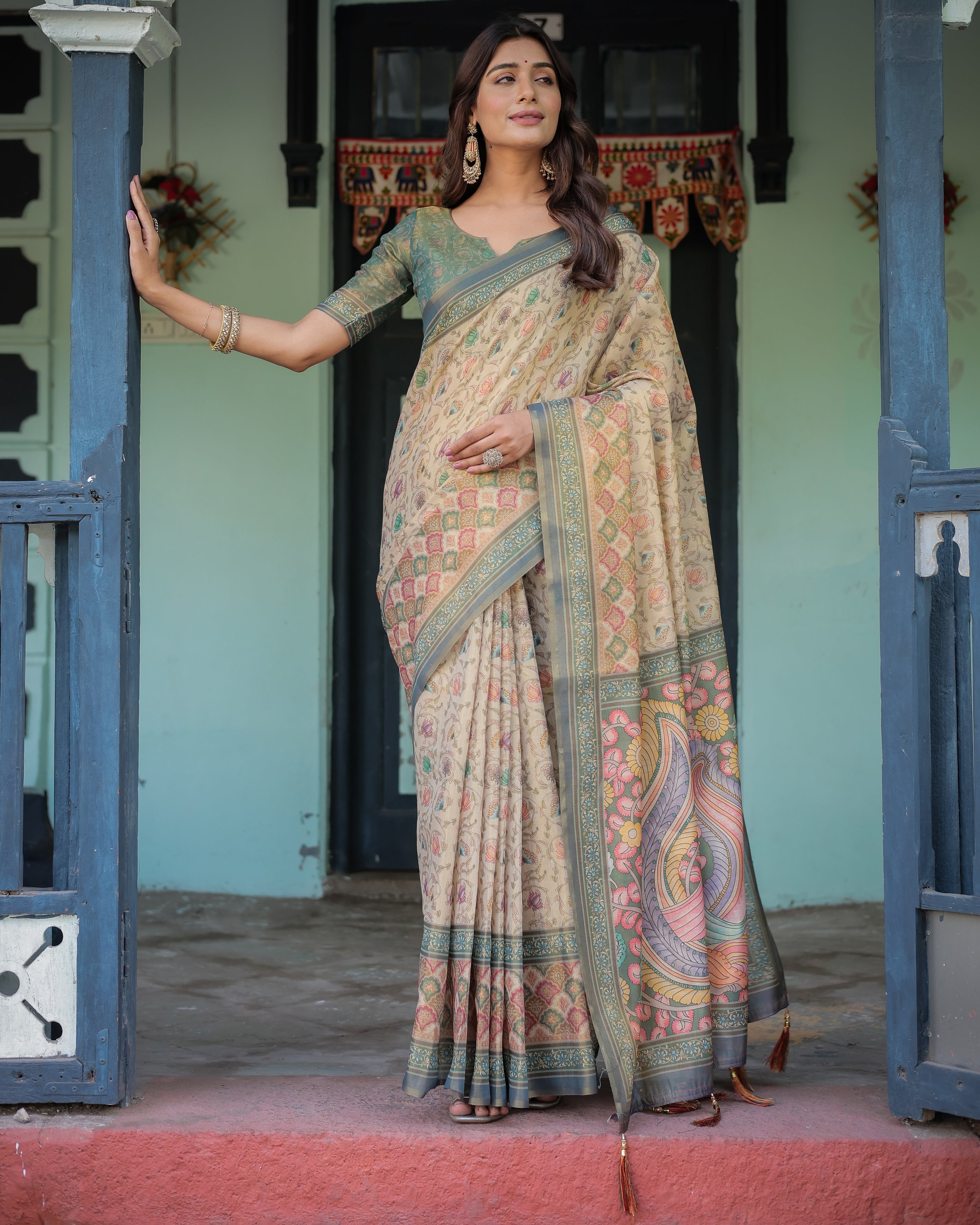 Beige Green Handloom Cotton Saree with Lotus Print & Colorful Peacock Pallu