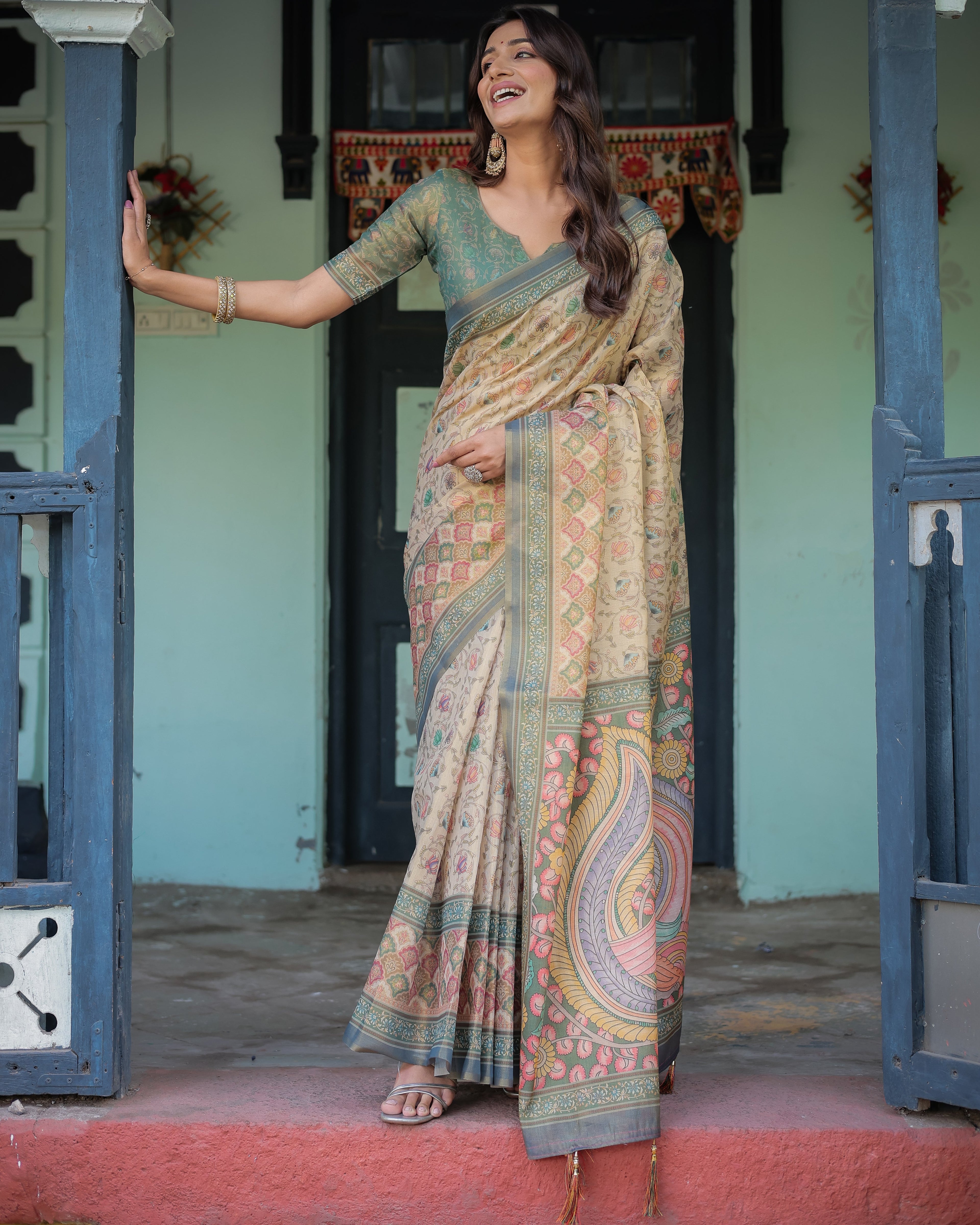 Beige Green Handloom Cotton Saree with Lotus Print & Colorful Peacock Pallu