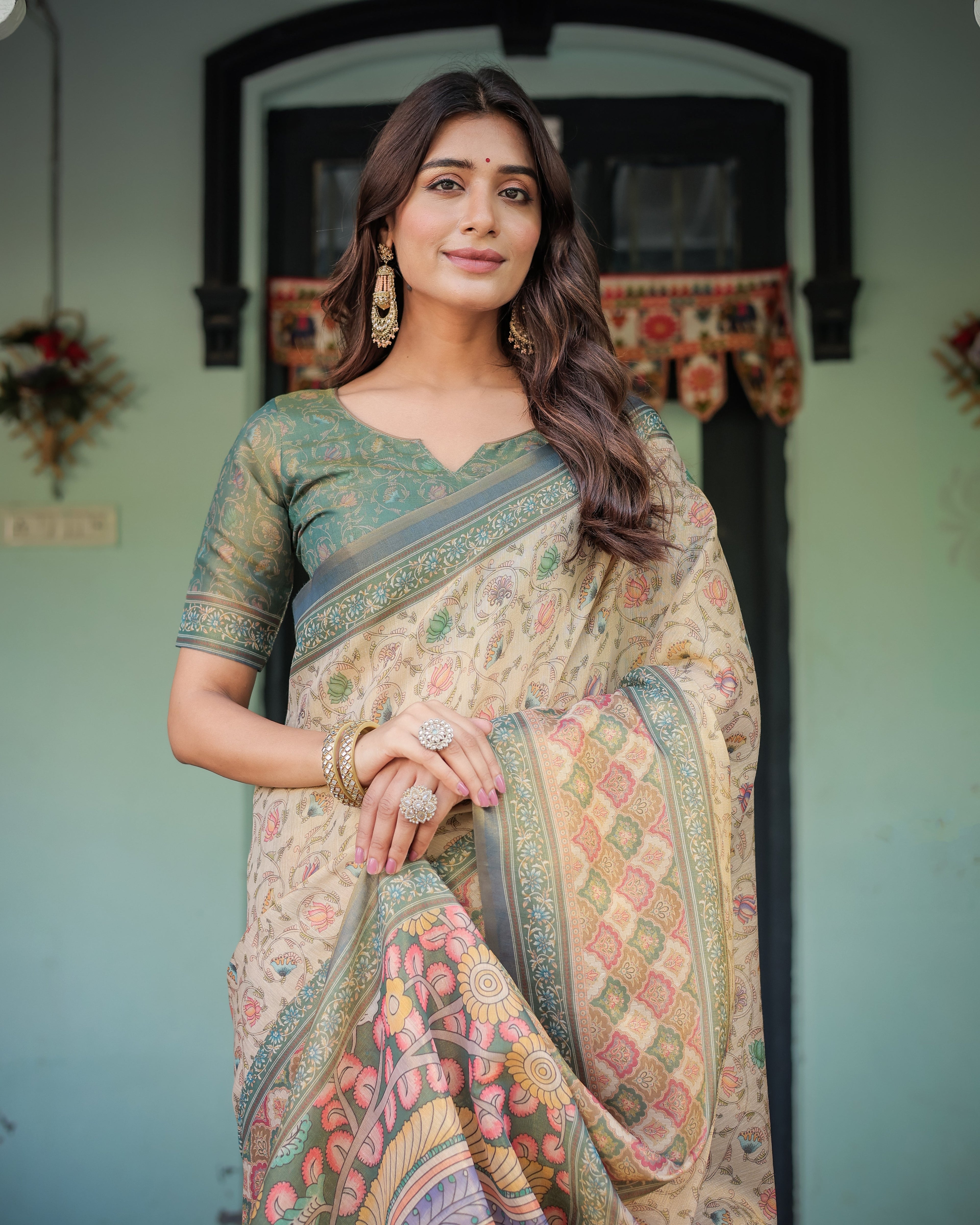 Beige Green Handloom Cotton Saree with Lotus Print & Colorful Peacock Pallu
