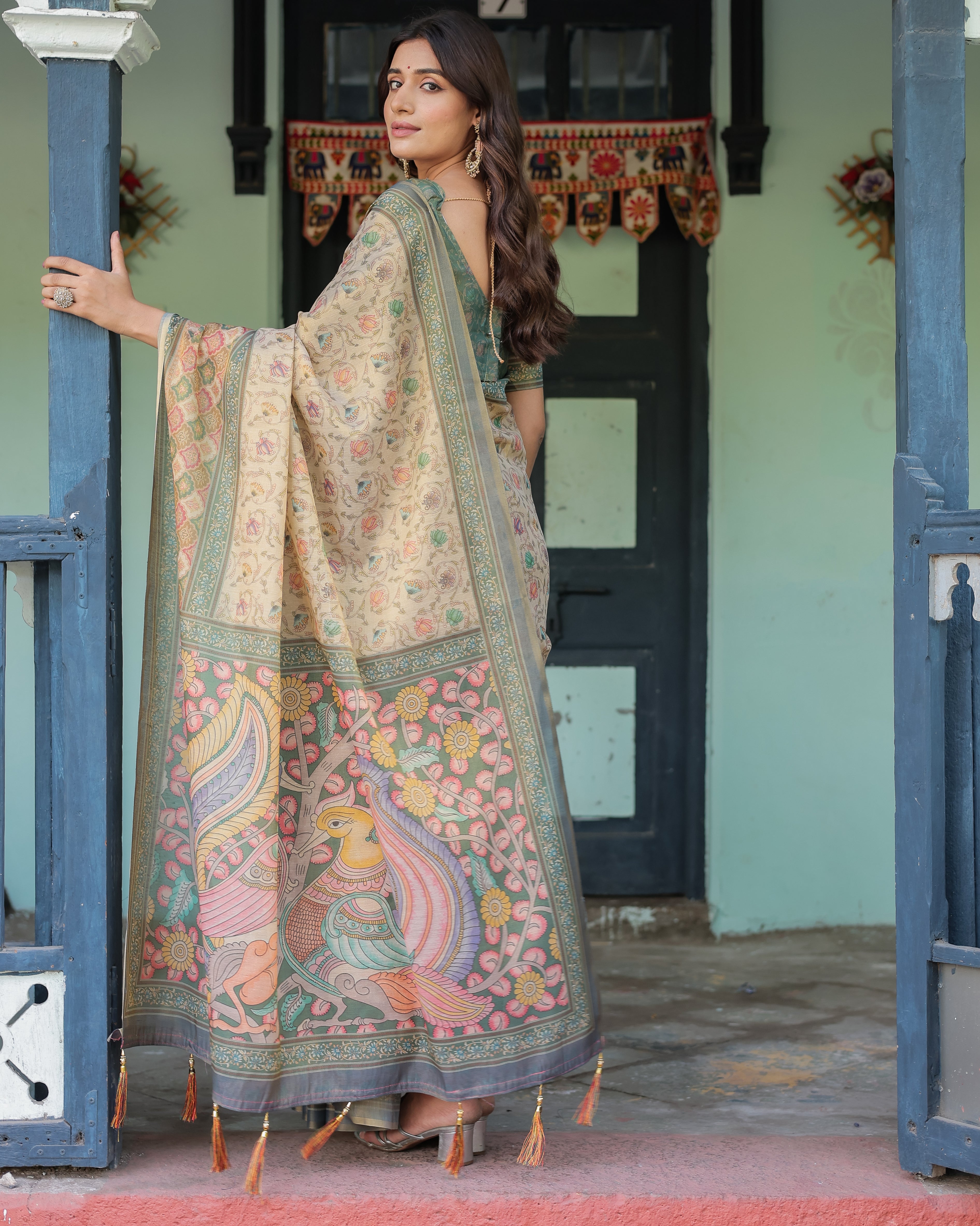 Beige Green Handloom Cotton Saree with Lotus Print & Colorful Peacock Pallu