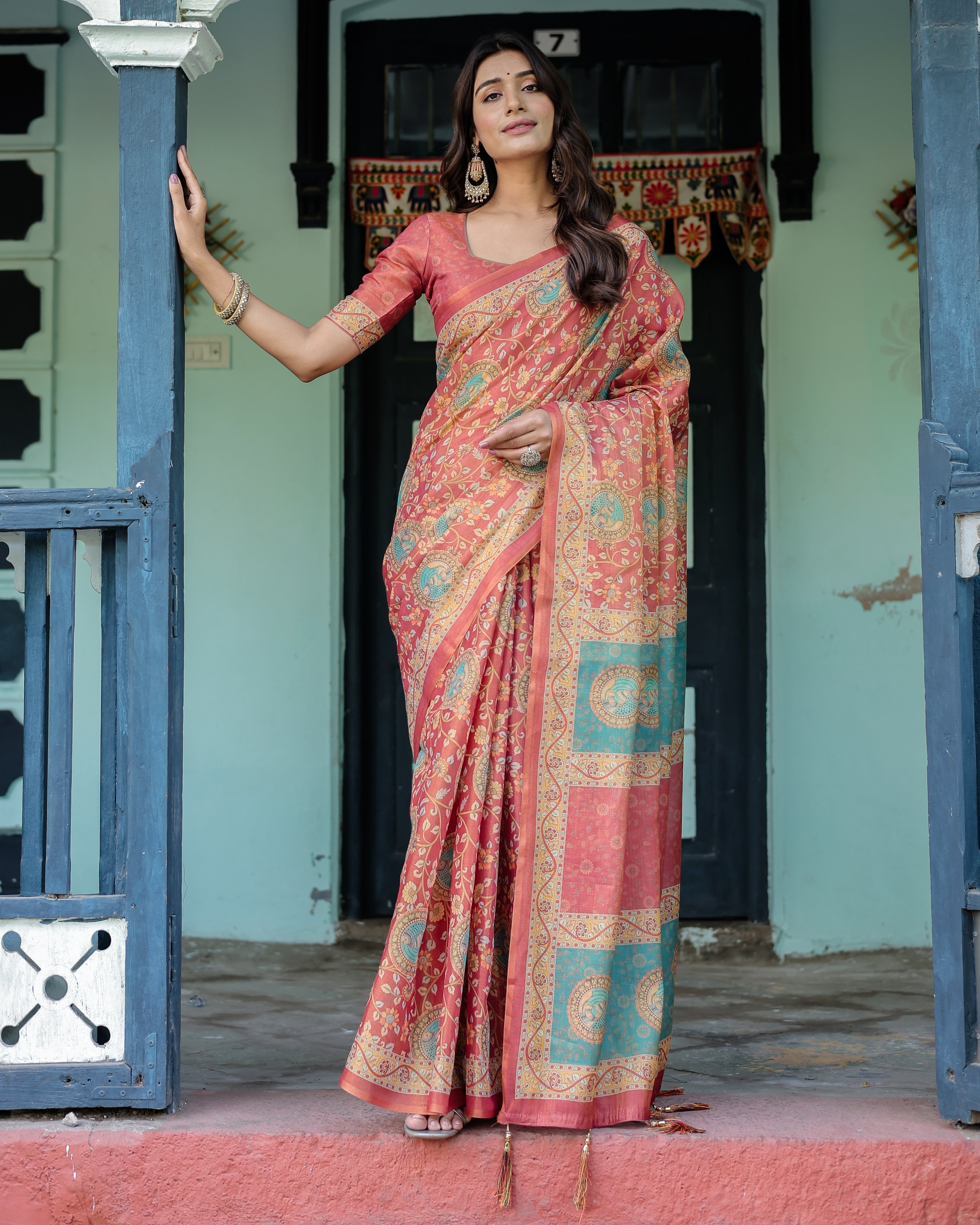 Terracotta Red Handloom Cotton Saree with Floral Vine Print & Dual-Toned Royal Motif Pallu