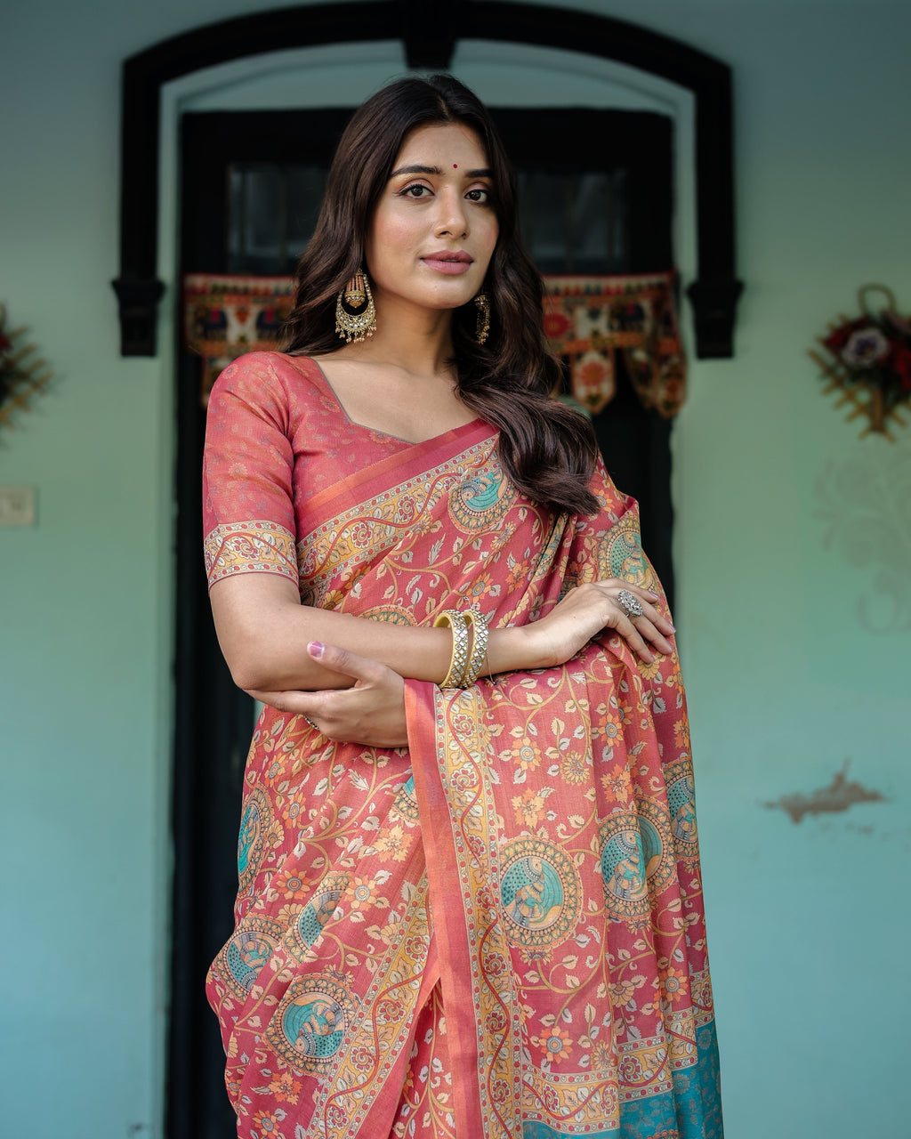 Terracotta Red Handloom Cotton Saree with Floral Vine Print & Dual-Toned Royal Motif Pallu