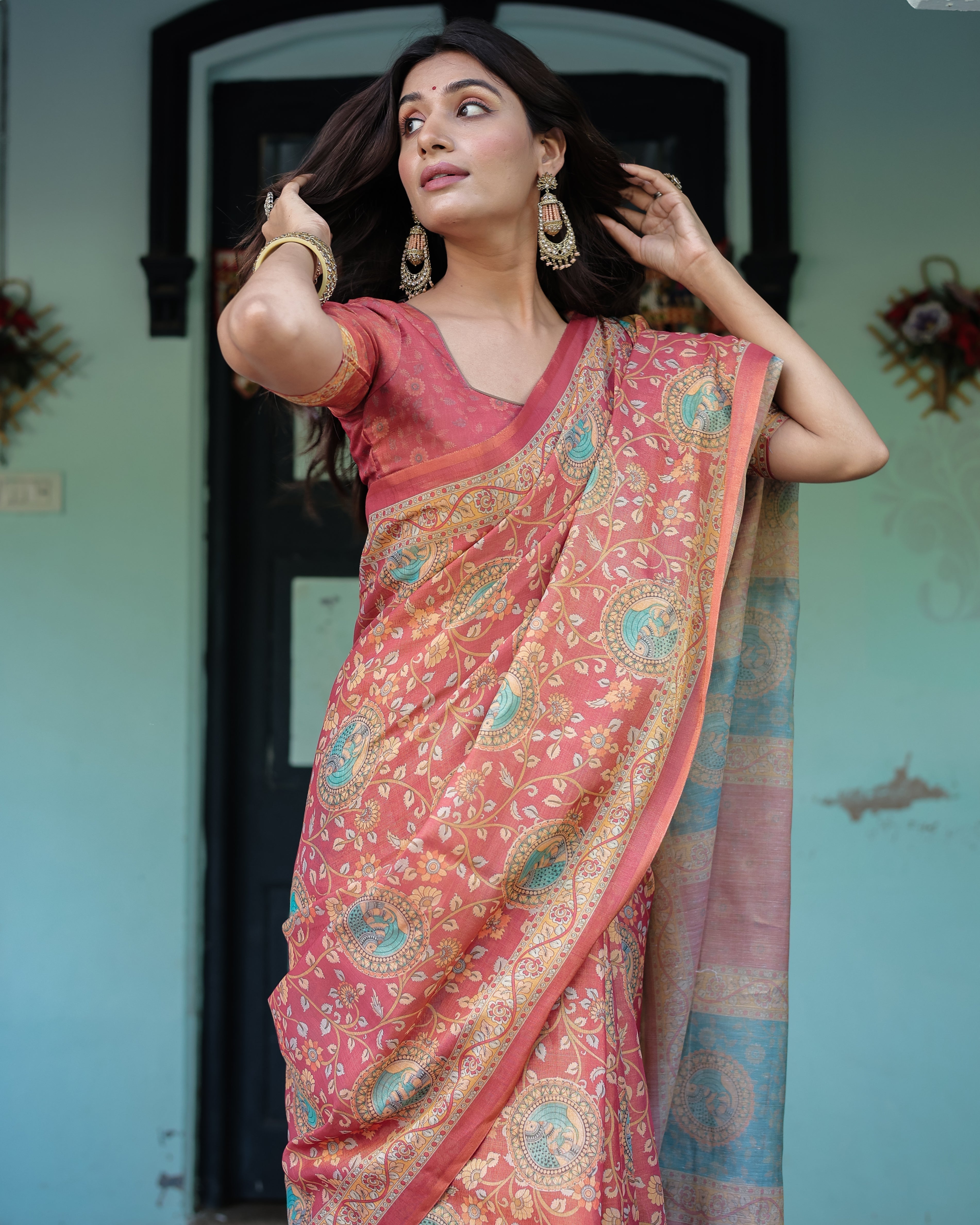 Terracotta Red Handloom Cotton Saree with Floral Vine Print & Dual-Toned Royal Motif Pallu