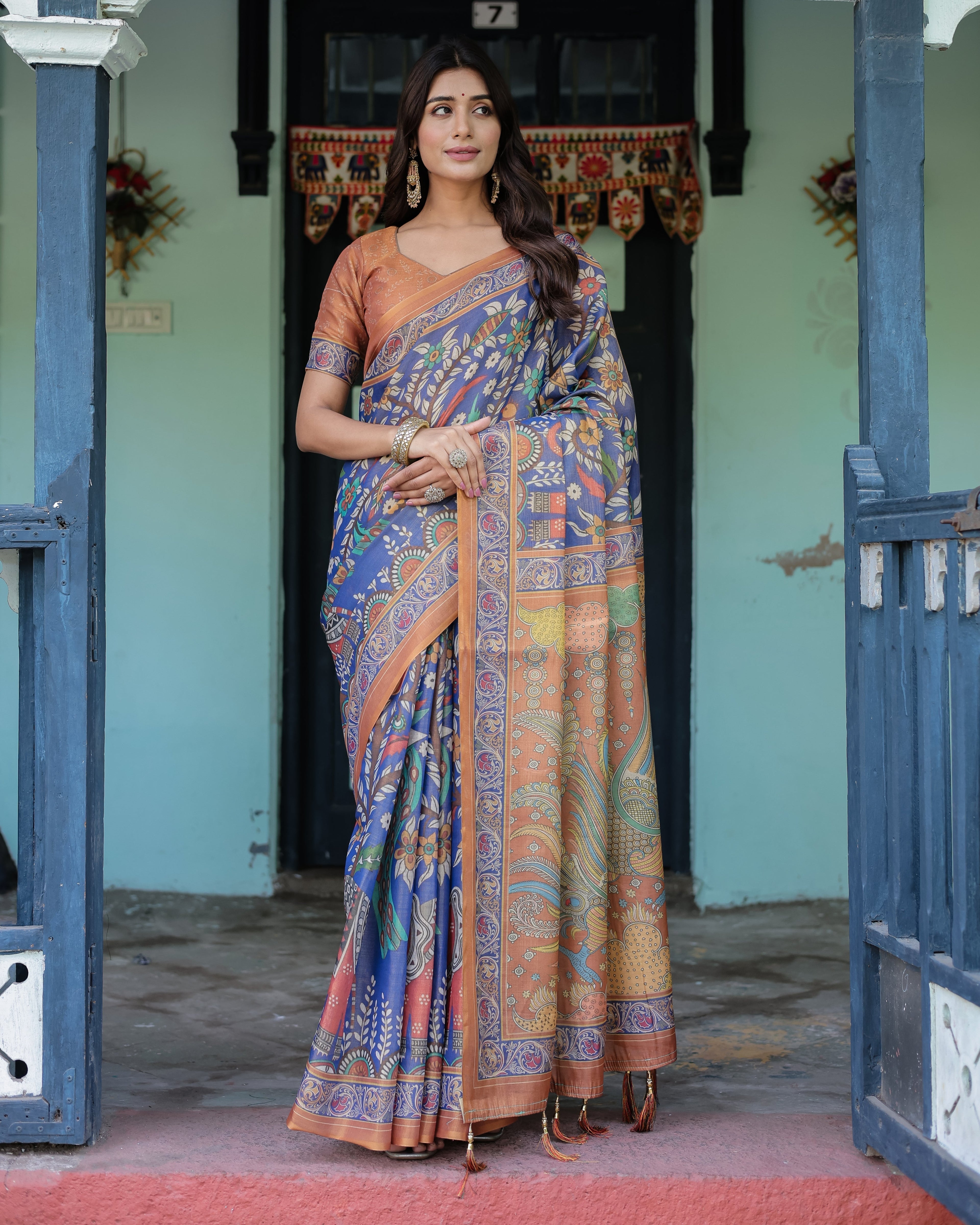 Royal Blue & Rust Handloom Cotton Saree with Bold Floral Print & Grand Peacock Pallu