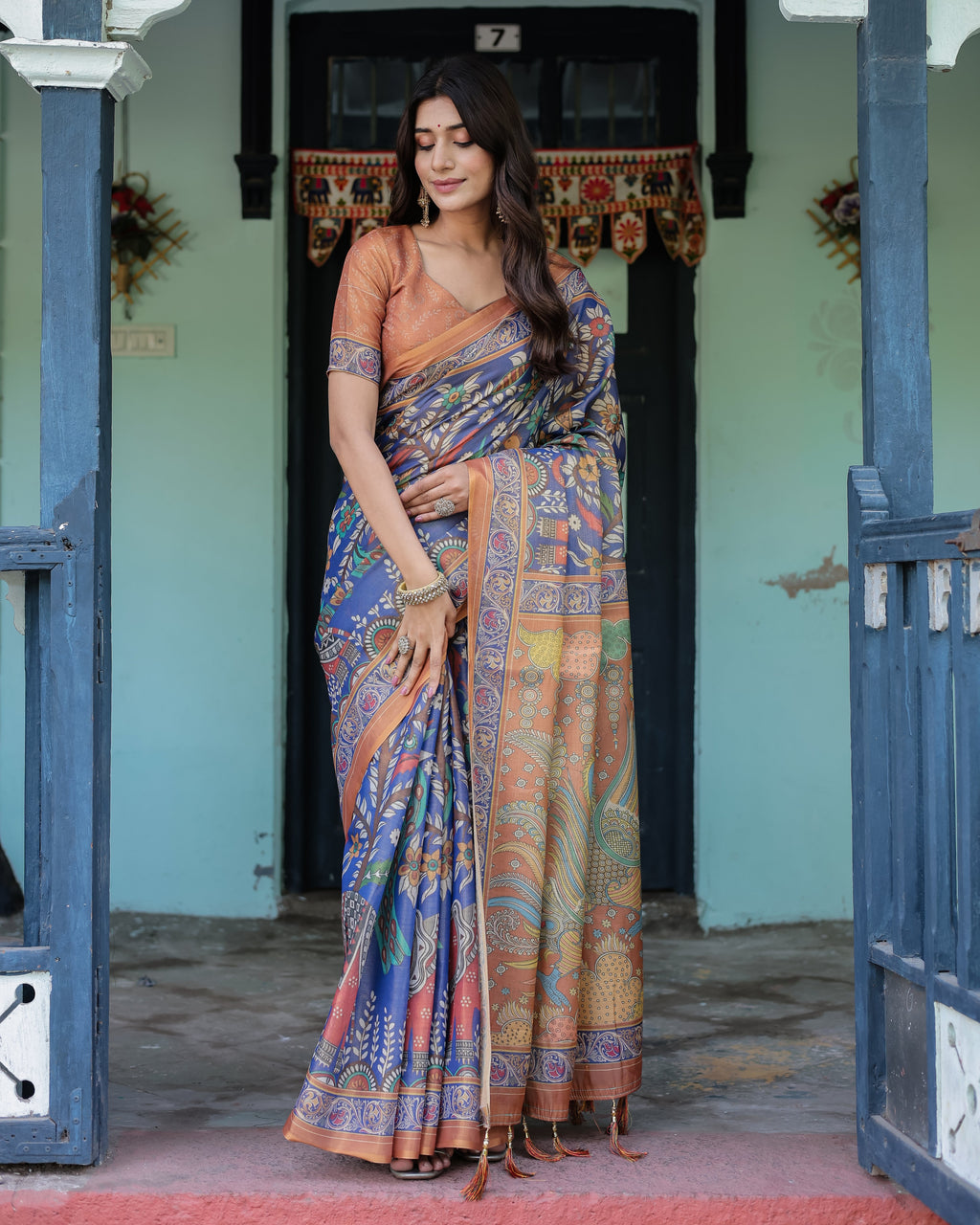 Royal Blue & Rust Handloom Cotton Saree with Bold Floral Print & Grand Peacock Pallu