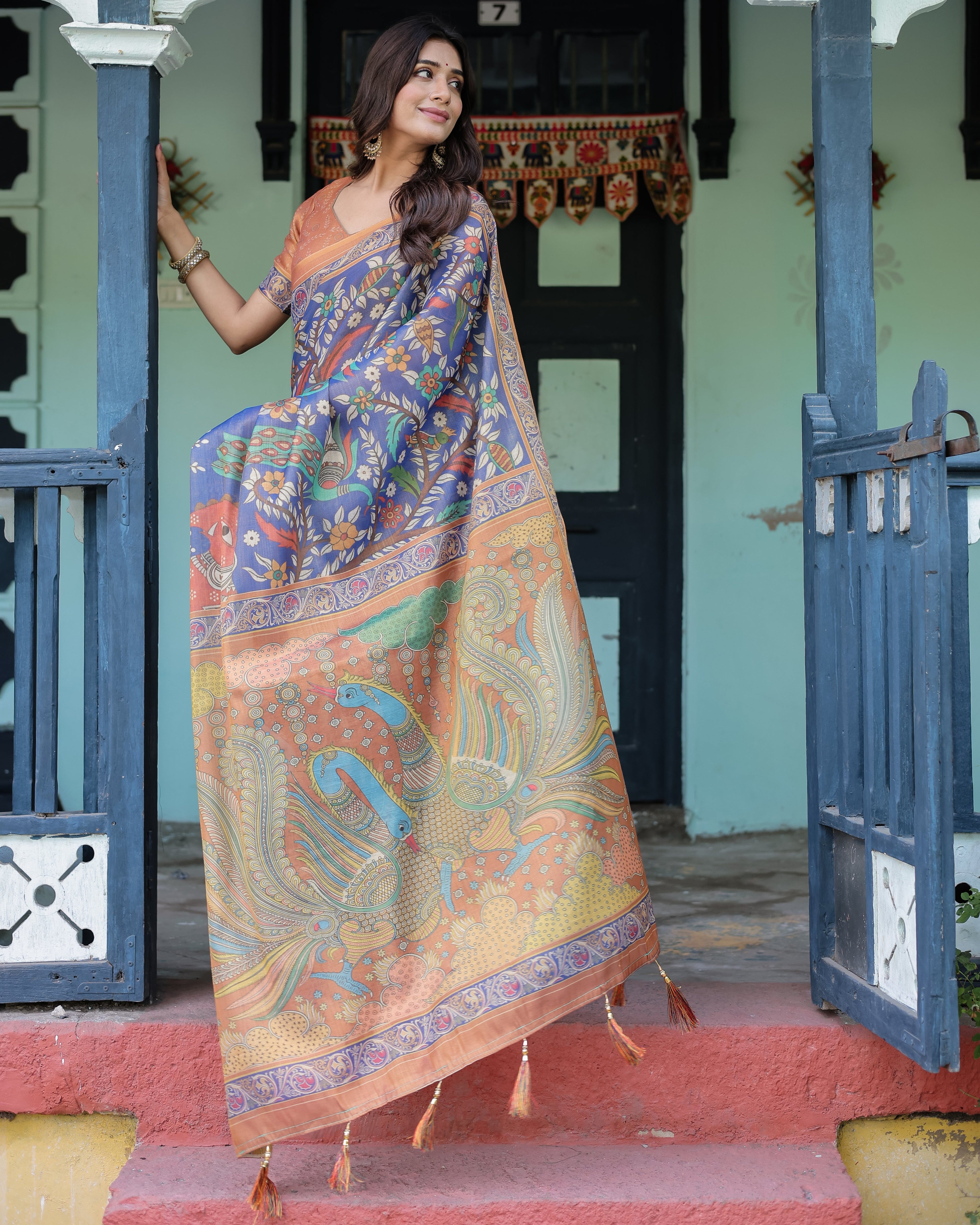 Royal Blue & Rust Handloom Cotton Saree with Bold Floral Print & Grand Peacock Pallu
