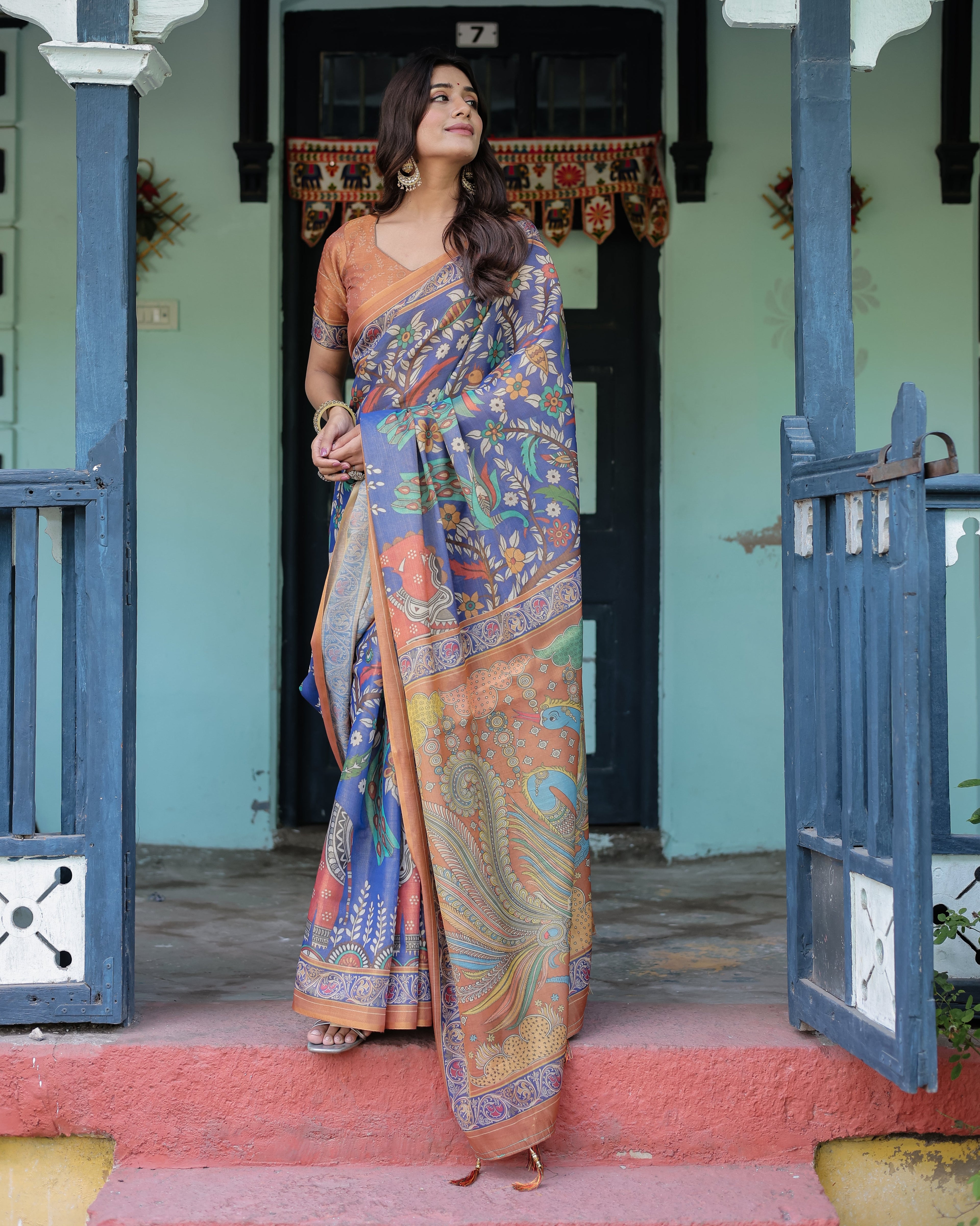 Royal Blue & Rust Handloom Cotton Saree with Bold Floral Print & Grand Peacock Pallu