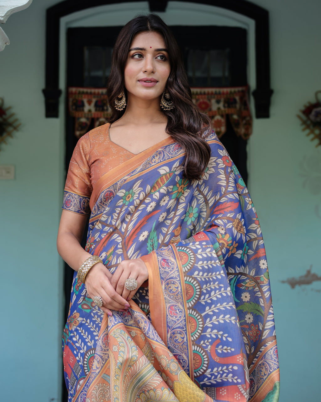 Royal Blue & Rust Handloom Cotton Saree with Bold Floral Print & Grand Peacock Pallu