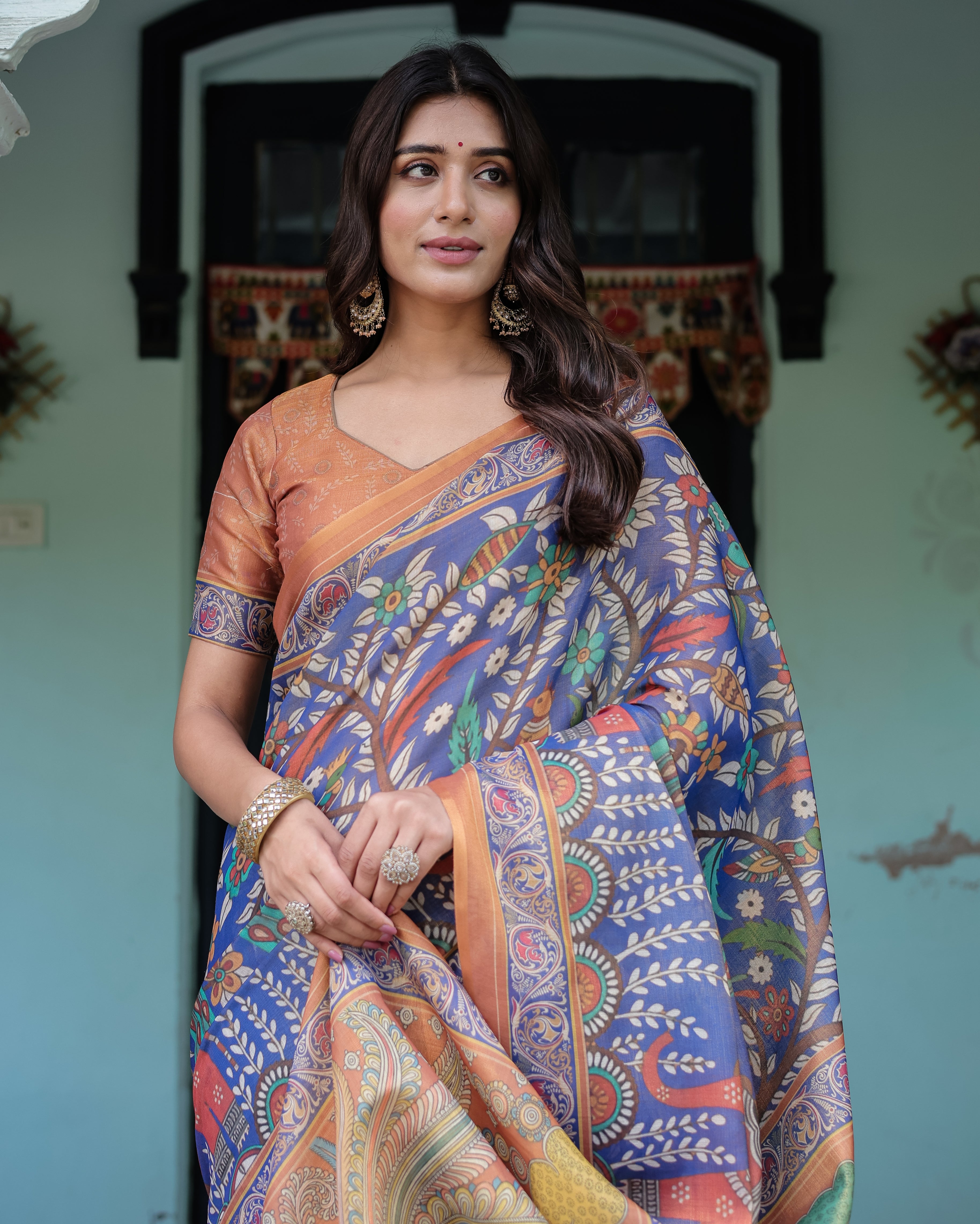 Royal Blue & Rust Handloom Cotton Saree with Bold Floral Print & Grand Peacock Pallu