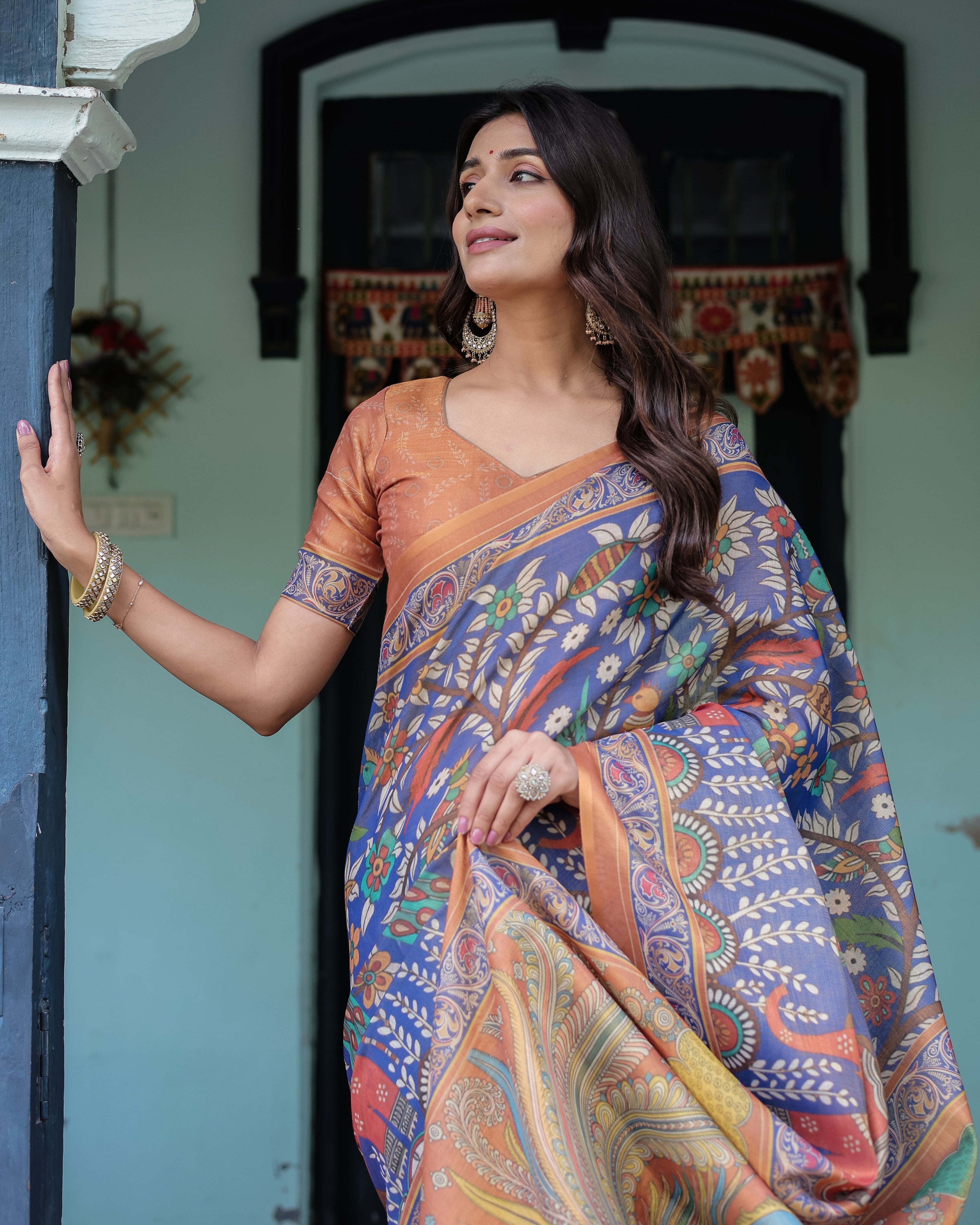 Royal Blue & Rust Handloom Cotton Saree with Bold Floral Print & Grand Peacock Pallu
