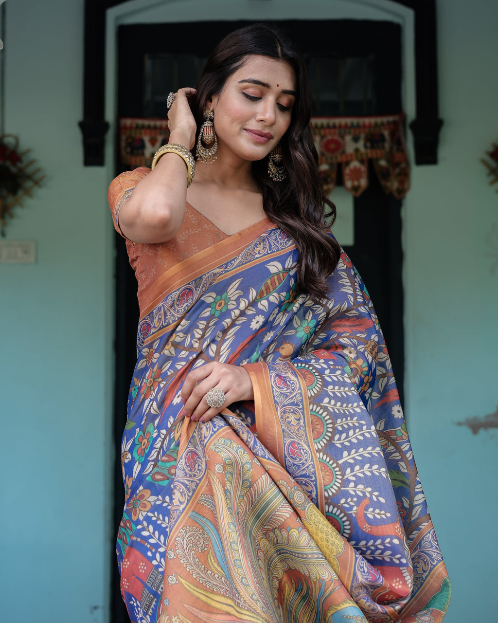 Royal Blue & Rust Handloom Cotton Saree with Bold Floral Print & Grand Peacock Pallu